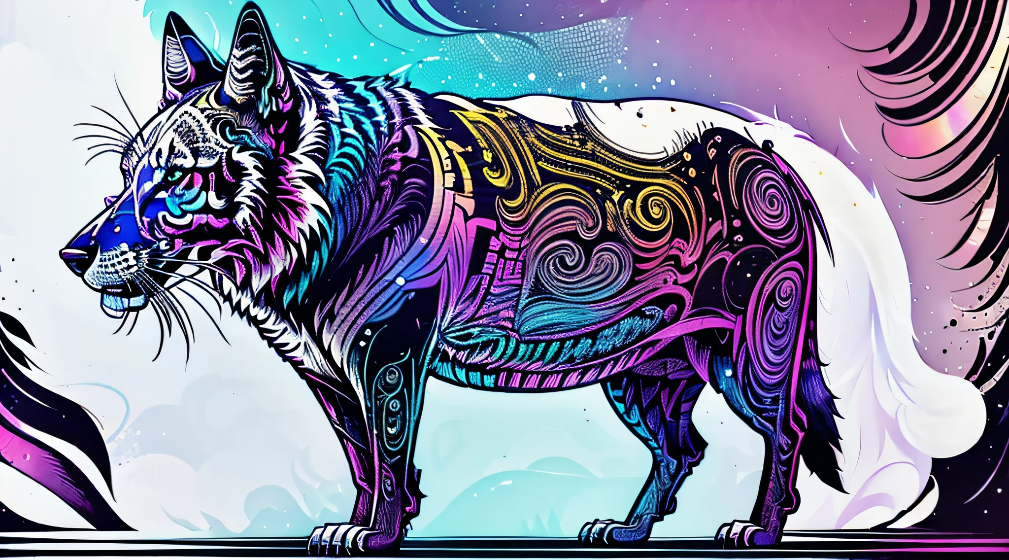 A WHITE WOLF WITH IRIDESCENT FUR Illustration, Contorno extremamente arrojado, lampejo, Tribal, hacking cultura cyberpunk fundo, capricho e criatividade, cor vibrante, acrylic illustration, Pixiv, 12k, muito melhor qualidade, hiper detalhado, +4 caracteres diferentes, mas o mesmo estilo,