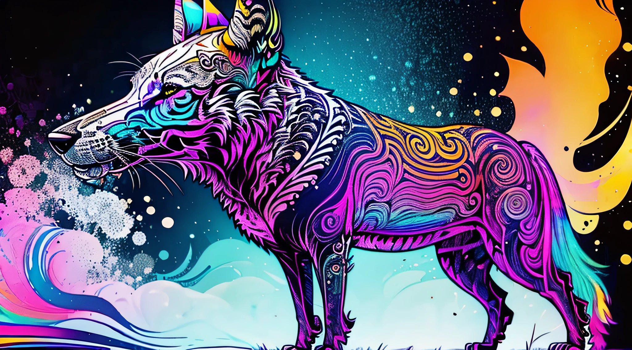 A WHITE WOLF WITH IRIDESCENT FUR Illustration, Contorno extremamente arrojado, lampejo, Tribal, hacking cultura cyberpunk fundo, capricho e criatividade, cor vibrante, acrylic illustration, Pixiv, 12k, muito melhor qualidade, hiper detalhado, +4 caracteres diferentes, mas o mesmo estilo,