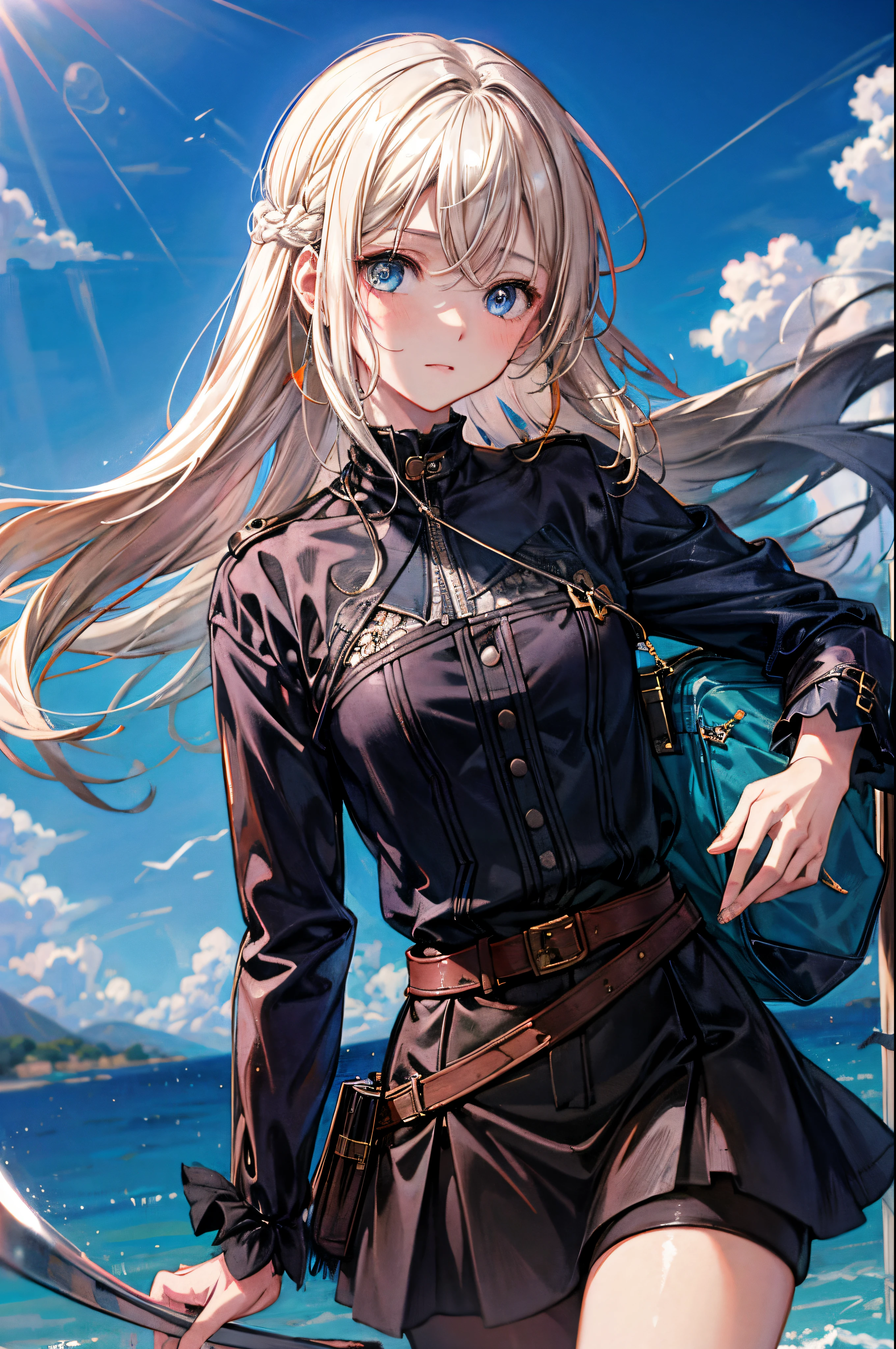 1girl, jaqueta, blonde, chuva, ao ar livre, moletom, jaqueta aberta, corrente, mochila, blue eyes, olhando para outro, hair messy, trending on ArtStation, 32k resolution, altamente detalhado, anatomicamente correto, sharped image, pintura digital, arte conceitual, trending on pixiv, estilo de Makoto Shinkai,