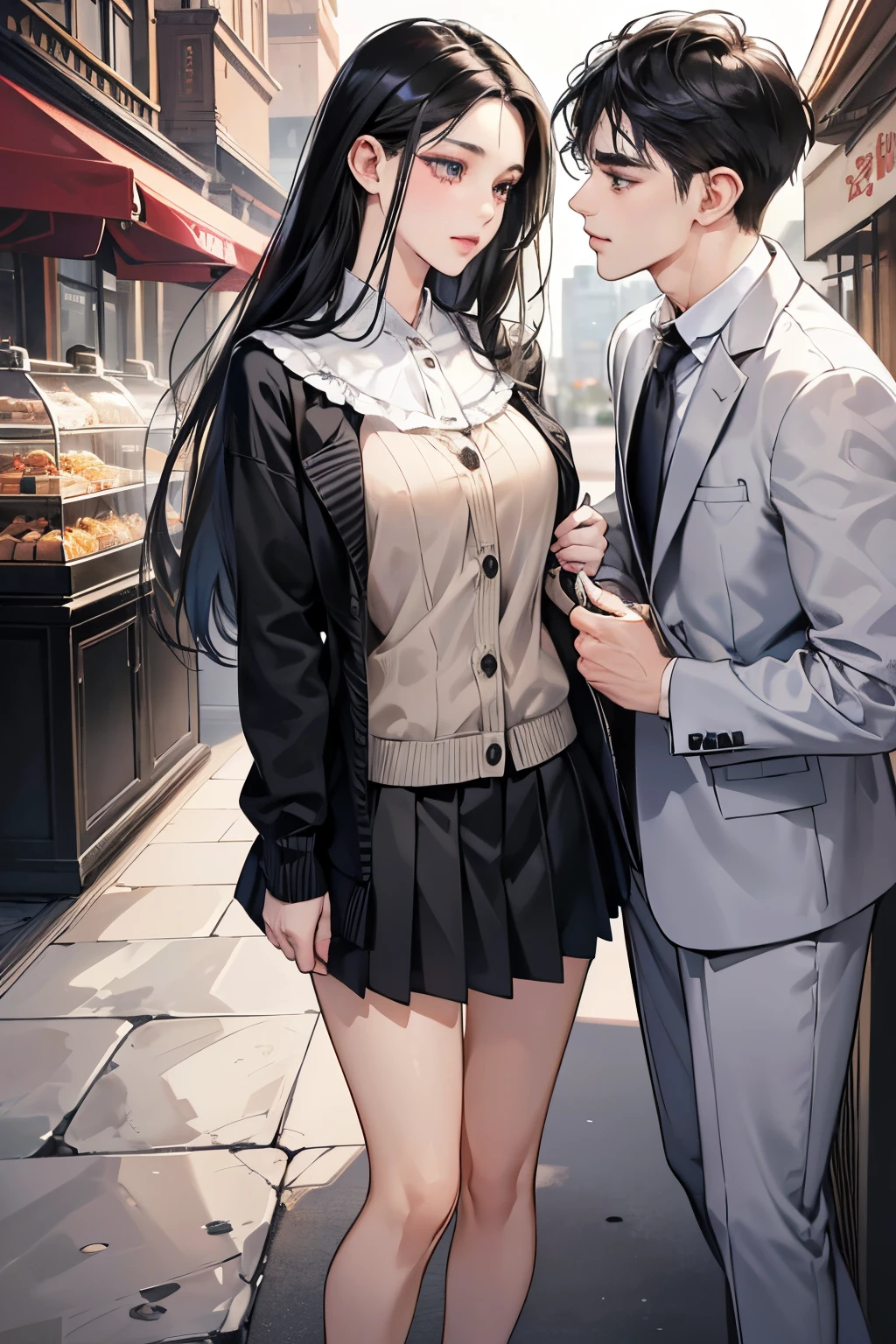 (masutepiece, Digital Art, Digital Illustration, 4K, 8K, Ultra-detailed, beautiful image, Sharp Image, Photorealistic, Raw photo, Perfect face, Perfect lines, Perfect eyes, Soft lighting) 1 woman, (Long Black Hair,straight haired,Bullish gaze,Beautie,Solid makeup,femele,small tits:1.3),Two handsome men in suits, (ember,Men in suits,well-muscled,Firm shoulder width,Adult male,Boyish hairstyle,English gentlemanly style,Man in his 30s with a cool expression,28-year-old man with bright smile:1.2),Donut Shop、donut、Eat-in、A lot of donuts are lined up、a sailor suit、Knee-length pleated skirt、baggy cardigan、kiss、a couple、couple kissing、Romance、ssex、have sex、