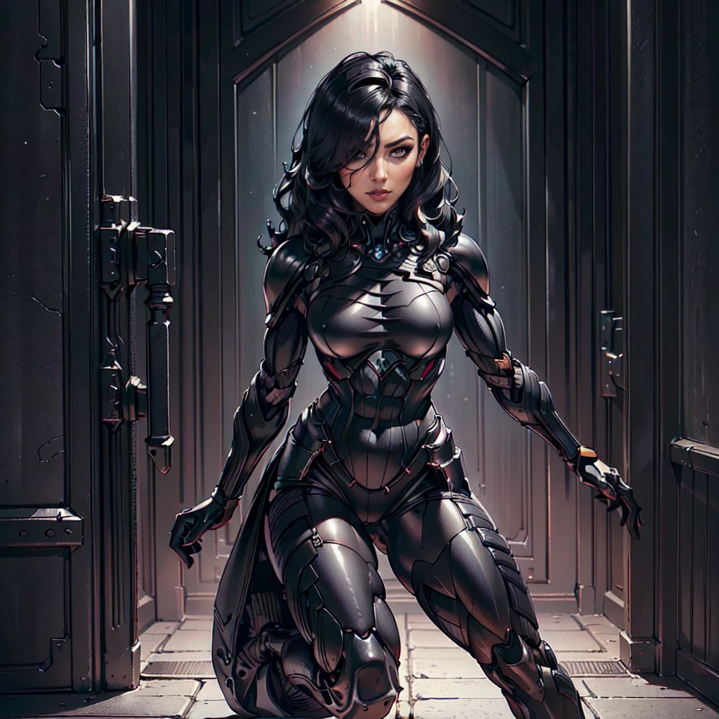 (Petaj, woman), dynamic pose, ((full body)), ((Black matte armor, )), (masterpiece, best quality), (detailed skin:1.3, detailed face:1.3), dslr,, (((hair over one eye))), (big hair1.2)), black hair), Grey Eyes, Mascara, Eyeliner, High resolution, Ultra-pointu, 16k, Masterpiece, three sided view,