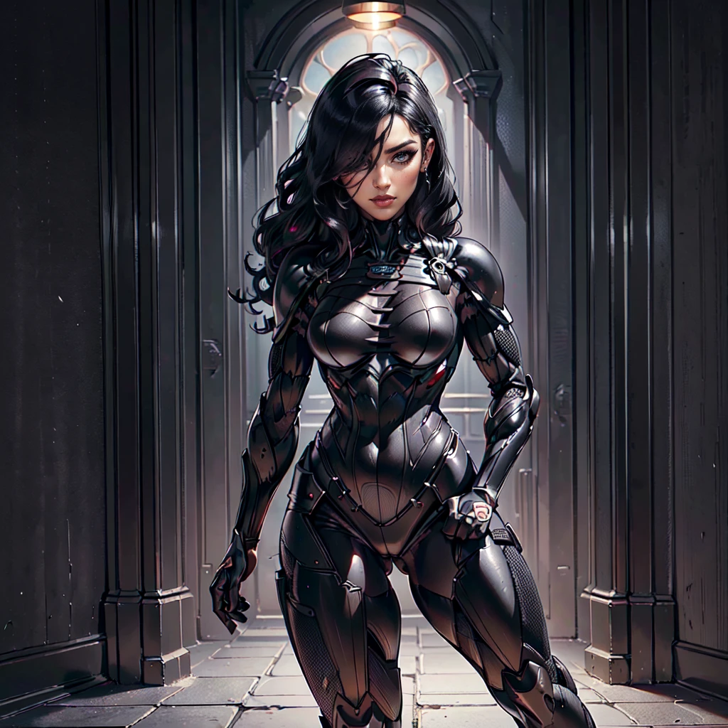 (Petaj, woman), dynamic pose, ((full body)), ((Black matte armor, )), (masterpiece, best quality), (detailed skin:1.3, detailed face:1.3), dslr,, (((hair over one eye))), (big hair1.2)), black hair), Grey Eyes, Mascara, Eyeliner, High resolution, Ultra-pointu, 16k, Masterpiece, three sided view,