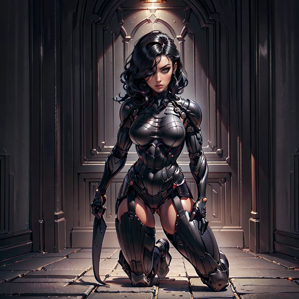 (Petaj, woman), dynamic pose, ((full body)), ((Black matte armor, )), (masterpiece, best quality), (detailed skin:1.3, detailed face:1.3), dslr,, (((hair over one eye))), (big hair1.2)), black hair), Grey Eyes, Mascara, Eyeliner, High resolution, Ultra-pointu, 16k, Masterpiece, three sided view,