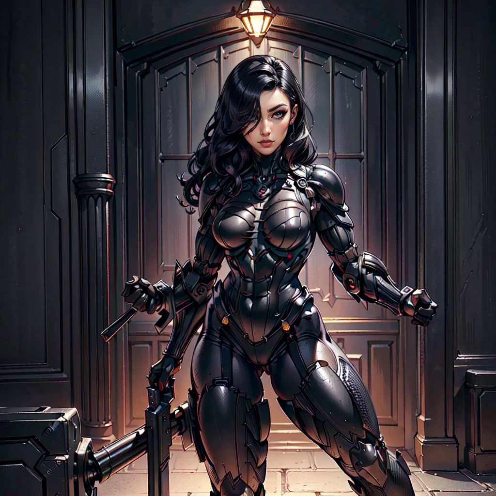 (Petaj, woman), dynamic pose, ((full body)), ((Black matte armor, )), (masterpiece, best quality), (detailed skin:1.3, detailed face:1.3), dslr,, (((hair over one eye))), (big hair1.2)), black hair), Grey Eyes, Mascara, Eyeliner, High resolution, Ultra-pointu, 16k, Masterpiece, three sided view,