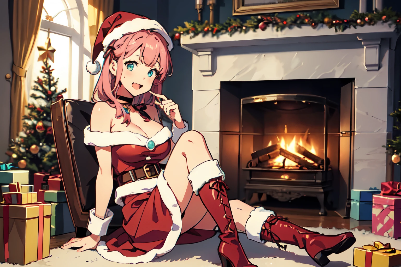 Anime illustrations in the style of "Kyoto Animation", highest quality, HD quality (cute: 1.1), (cute), (high resolution: 1.2), incredibly ridiculous: 1.3, excellent illustrations, bright vivid color, break 1 beautiful girl, Solo, (heterochromia, light blue eyes, and light green eyes), mascara, mouth closed, sexy smile, the silhouette of star eyes, solo, figure, happy: d, princess eyes, big breasts, break, braid, light pink hair, long hair, braid coming over the shoulder with a ribbon, red Christmas ribbon at the end of the braid, sitting in a chair, both hands on knees, Christmas tree, one Fireplace, Cozy atmosphere, alluring suggestive look, thin waist, tight belt, nighttime, break, sexy, wearing tight-fitting ms. Santa Clause outfit with hat, red skirt with white ruffled trim, sexy Mrs. Clause outfit, cleavage, choker, seductive look, full body length, knee high sexy boots, boots laced up in the front with bows, seductive, don't show panties. ( no panties showing)