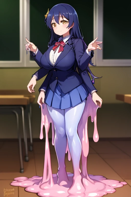 umisonoda, umi sonoda, long hair, blue hair, (yellow eyes:1.5) (flat chest:1.2),
BREAK blazer, blue skirt, jacket, otonokizaka school uniform, pleated skirt, school uniform, winter uniform,
BREAK looking at viewer,
BREAK indoors, classroom,
BREAK (masterpiece:1.2), best quality, high resolution, unity 8k wallpaper, (illustration:0.8), (beautiful detailed eyes:1.6), extremely detailed face, perfect lighting, extremely detailed CG, (perfect hands, perfect anatomy), (slime girl:1.6), (large breasts:1.6)