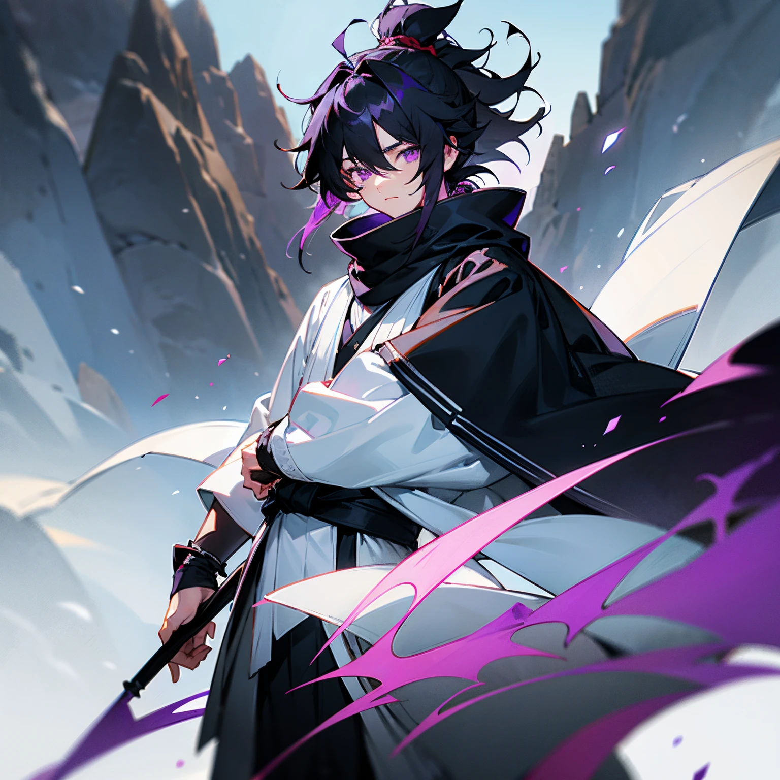 1male , black hair , purple eyes , messy hair , Black Clothing Underneath ,Form Fitting Sleeves, White Fur Trim Poncho,Layered Clothing, ninja clothing , young boy, Mountain Background , standing on mountain , Masterpiece Quality , Perfect Quality , white turban on head