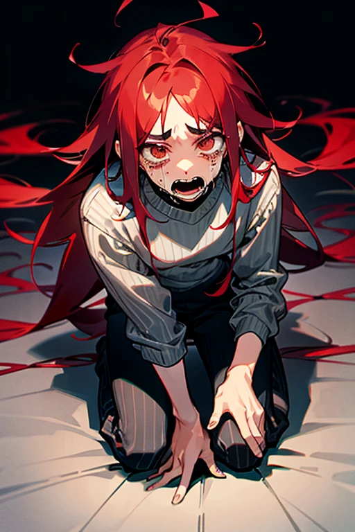 1girl, artist name, bangs, black necktie, braid, braided ponytail, breasts, business suit, collared shirt, expressionless, formal, long hair, long sleeves, looking at viewer, makima \(chainsaw man\), Sukuna \(Jujutsu Kaisen\)medium breasts, nail polish, necktie, red hair, ringed eyes, solo, suit, yellow eyes, makima eats sukuna's finger, crazy eyes, male,(Makima looks like sukuna:2), (scary emoticon:1), looking at viewer, orange hair, legs, (tattoo on his face:2), bird face, feathers, no pupils, red iris, solid eyes, monster girl, beak, (face markings:1), (bloodthirst:2), (scare:2) <lora:makima_offset:1>, (by JeeZ:2) , (by greg rutkowski:1), <lora:neg4all_bdsqlsz_V3.5:1>