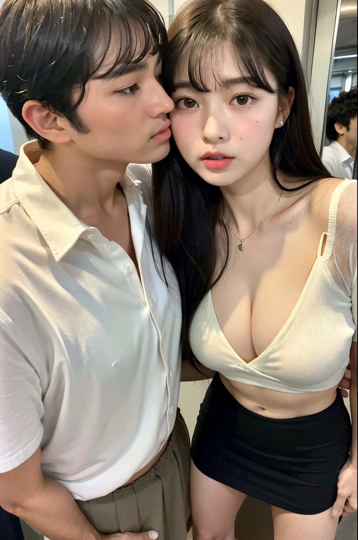 (in 8K、RAW shooting、top-quality、masuter piece:1.2)、ultra-detailliert、ultra res、(realisitic、rialistic photo:1.37)、portlate、high-definition RAW color photography、Professional Photography、highly detailed and beautiful、ighly detailed、8K Wallpapers、amazing detailed、huge filesize、Official art、Highly detailed CG Unity 8K wallpapers、highly detailed beautiful girl、extra detailed face、extremely detailed eye、highlydetailed skin、extremely detailed fingers、highly detailed nose、very detailed detailed mouth、Perfect 、细致背景、Detailed clothing、女の子1a person、(20:1.2)、in her 20s、Cute little girl s、Realistic body、小柄、de pele branca、glistning skin、Slim body、A dark-haired、((long))、(Disheveled bangs: 1.5)、kawaii faces、Lifelike face、Delicate eyes、Sauce order、((Pink White Short Sleeve Shirt))、((no-bra))、((Ultra Black Mini Skirt))、((Plain feet))、((FULL BODYSHOT))、耳 Ring、a necklace、((Turn around and look at the man))、cowboy  shot、Contrapo、动态照明、((Firm D-cup milk))、((In a crowded train))、((male people１a person))、((30:1.5))、((A man hugs her from behind))、((Man opens shirt、Exposing her breasts))、((Put your arms around a man's neck))、((A man is grabbing her chest))、((standing athletic pose))、((Milk is visible))、(mini skirt swinging  round:  1.3)、(White swooping :1.3)、((Sad look))、((She turns around and kisses the man))、((Men's Perspective))、