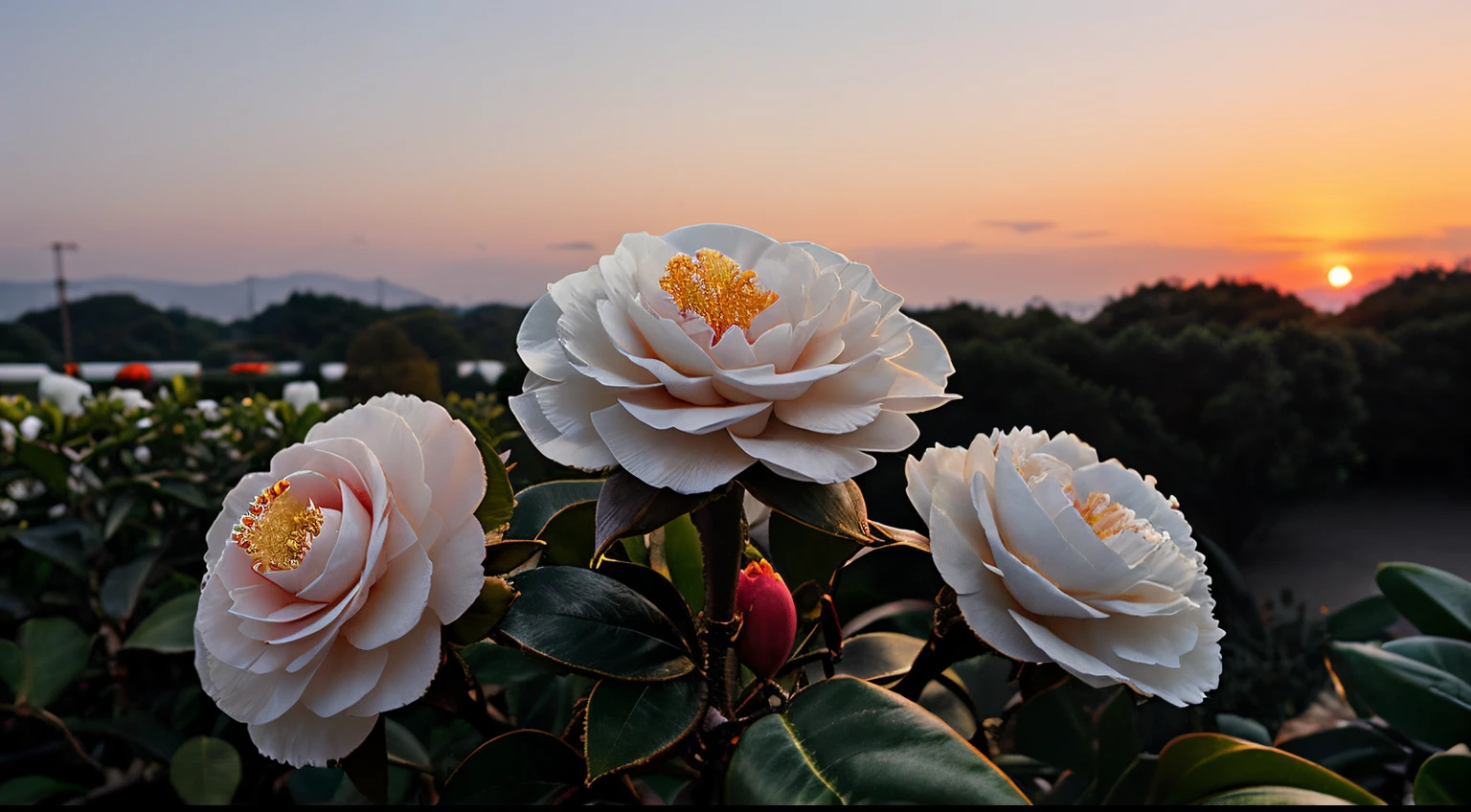 a lot camellia flower white color, sunset, realistically,