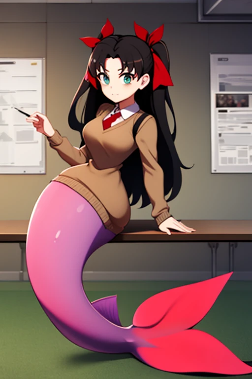 rintohsaka, rin tohsaka, aqua eyes, (black hair:1.5), hair ribbon, long hair, ribbon, sidelocks, two side up, (parted bangs:1.5),
BREAK (brown sweater vest:1.2), collared shirt, homurahara academy school uniform, neck ribbon, red ribbon, ribbon, school uniform, shirt, sweater vest, white shirt,
BREAK indoors, classroom,
BREAK looking at viewer, cowboy shot, (full body:1.5),
BREAK (masterpiece:1.2), best quality, high resolution, unity 8k wallpaper, (illustration:0.8), (beautiful detailed eyes:1.6), extremely detailed face, perfect lighting, extremely detailed CG, (perfect hands, perfect anatomy), (mermaid:1.6), (large hips:1.6), microwaist