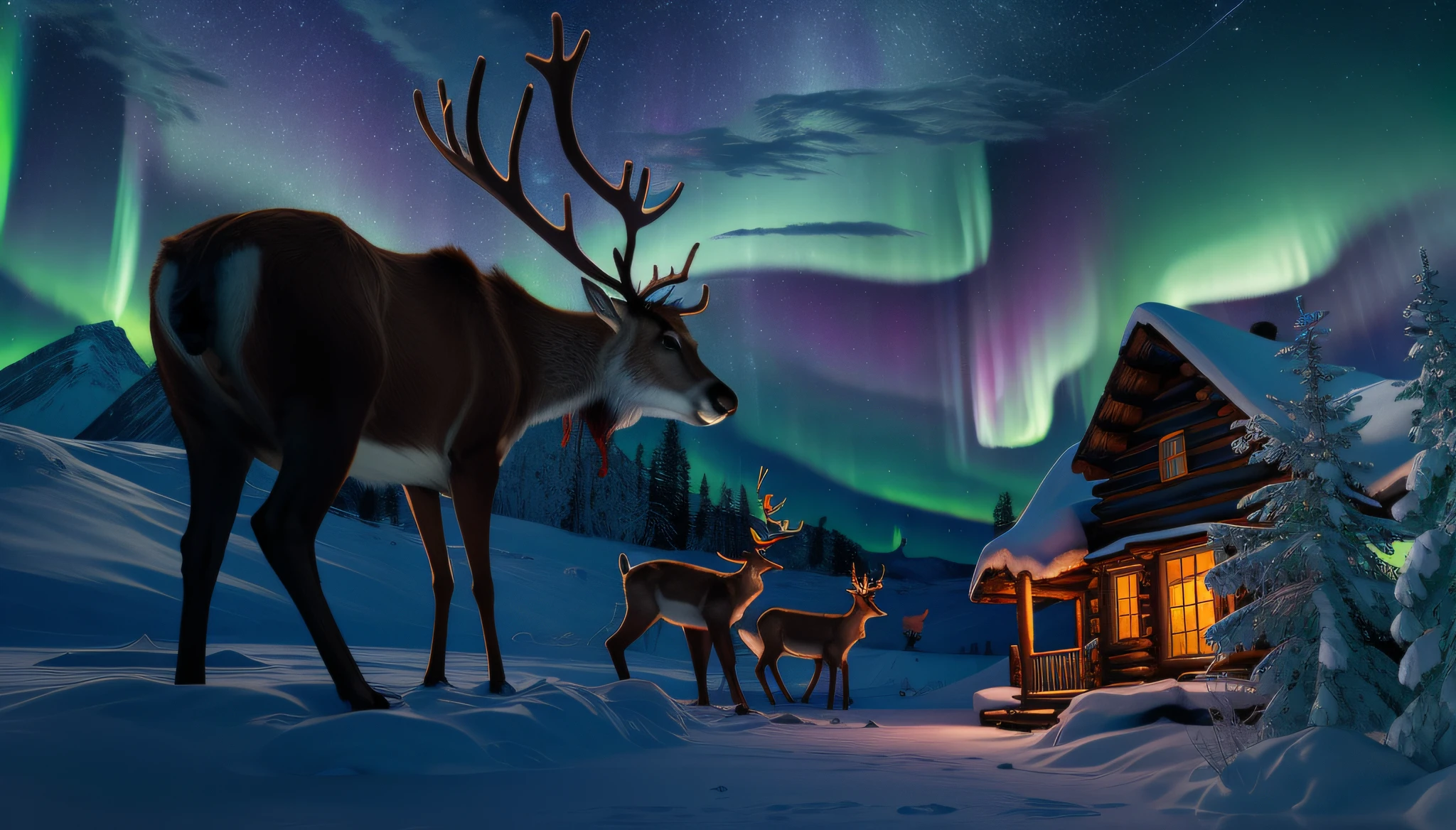fantastic fantasy art,brown reindeer in the foreground,There are several reindeer at the halfway point,２story log cabin,log cabin,Beautiful aurora borealis in jade color, Mysteriously shining aurora borealis,mountains rising in the background々々々々々々々々々々々々々々々々, Winter wonderland,Vibrant colors,myst,themoon,intergalactic, breathtaking landscape,  Peakful, Majestic beauty, Starry Night, ethereal glow, Miracle of nature, Wonders of Heaven, Vast natural phenomena, Silent Night, Gentle reflection, sparkling stars, Mystical charm