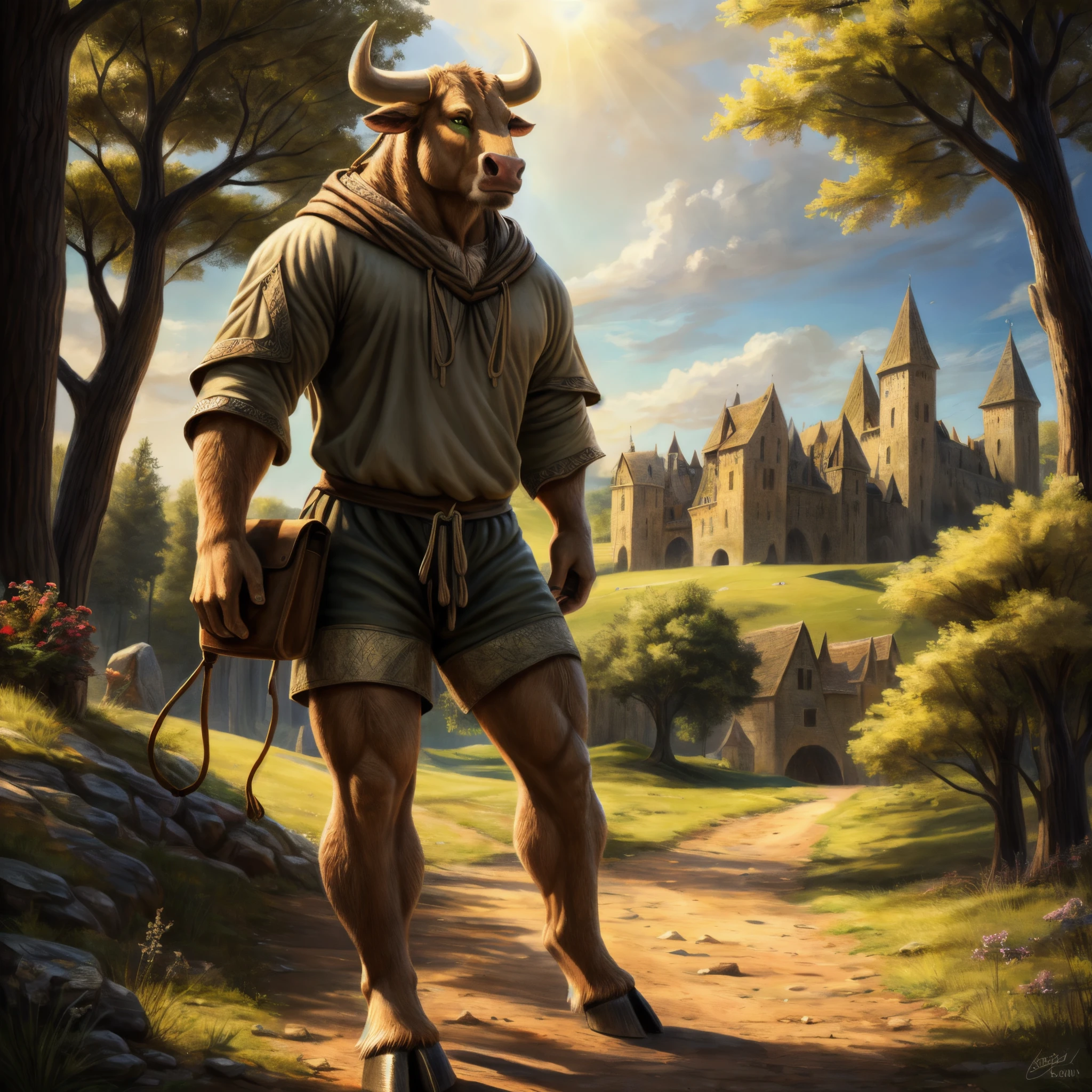 an anthro bull walking along a dirt road during the day, ((nj5furry, solo, walking, masterpiece, anthro, male, bull-face, medium-length horns, tan colored horns: 1.5, bovine tail: 1.2, muscled body, hooves, tan colored hooves: 1.2, two-tone fur, detailed fur, brown and white furred body, small leather satchel)), calm expression, (green eyes, (loose medieval tan drawstring shorts: 1.4, loose medieval shirt: 1.4)), grasslands background, small village background, large tree background, (animals: 0.0, people: 0.0), best quality,4k,8k,highres,masterpiece:1.2), ultra-detailed,(realistic,photorealistic,photo-realistic:1.37),drawn with colored pencils, richly detailed, traditional style landscapes, scenic beauty, green grass, beautifully detailed trees, fine textures, soft and vibrant colors, sunlit atmosphere, tranquil and peaceful ambiance, impressionistic brush strokes, focus on foreground and background, depth and perspective, ethereal lighting effects