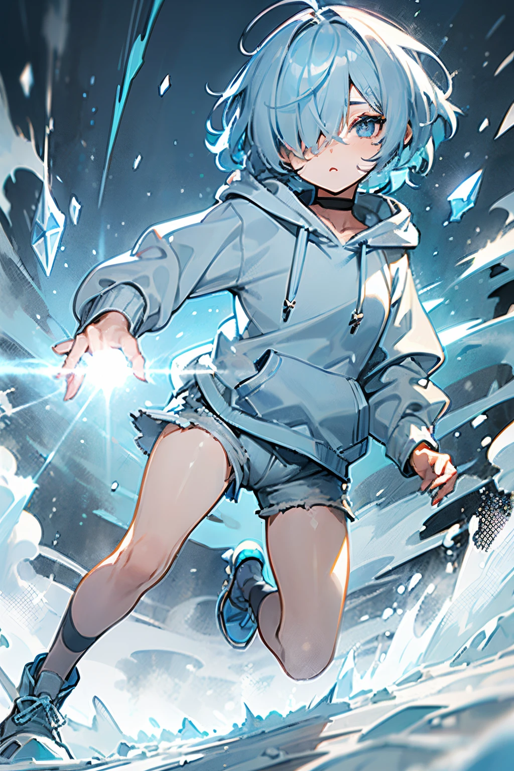 (((short light blue haired girl))), (((hair covers her right eye))), hair over one eye, light blue eyes, (((blue oversized hoodie))), (((grey shorts))), light blue shoes, in a snowy park, petite girl, cool action pose, ice powers, 1girl, lens flare, fight pose, dynamic camera, dynamic,