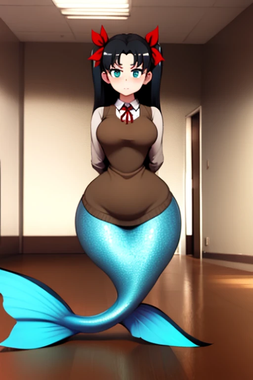 rintohsaka, rin tohsaka, aqua eyes, (black hair:1.5), hair ribbon, long hair, ribbon, sidelocks, two side up, (parted bangs:1.5),
BREAK (brown sweater vest:1.2), collared shirt, homurahara academy school uniform, neck ribbon, red ribbon, ribbon, school uniform, shirt, sweater vest, white shirt,
BREAK indoors, classroom,
BREAK looking at viewer, cowboy shot, (full body:1.5),
BREAK (masterpiece:1.2), best quality, high resolution, unity 8k wallpaper, (illustration:0.8), (beautiful detailed eyes:1.6), extremely detailed face, perfect lighting, extremely detailed CG, (perfect hands, perfect anatomy), (mermaid:1.6), (gigantic hips:1.6), microwaist