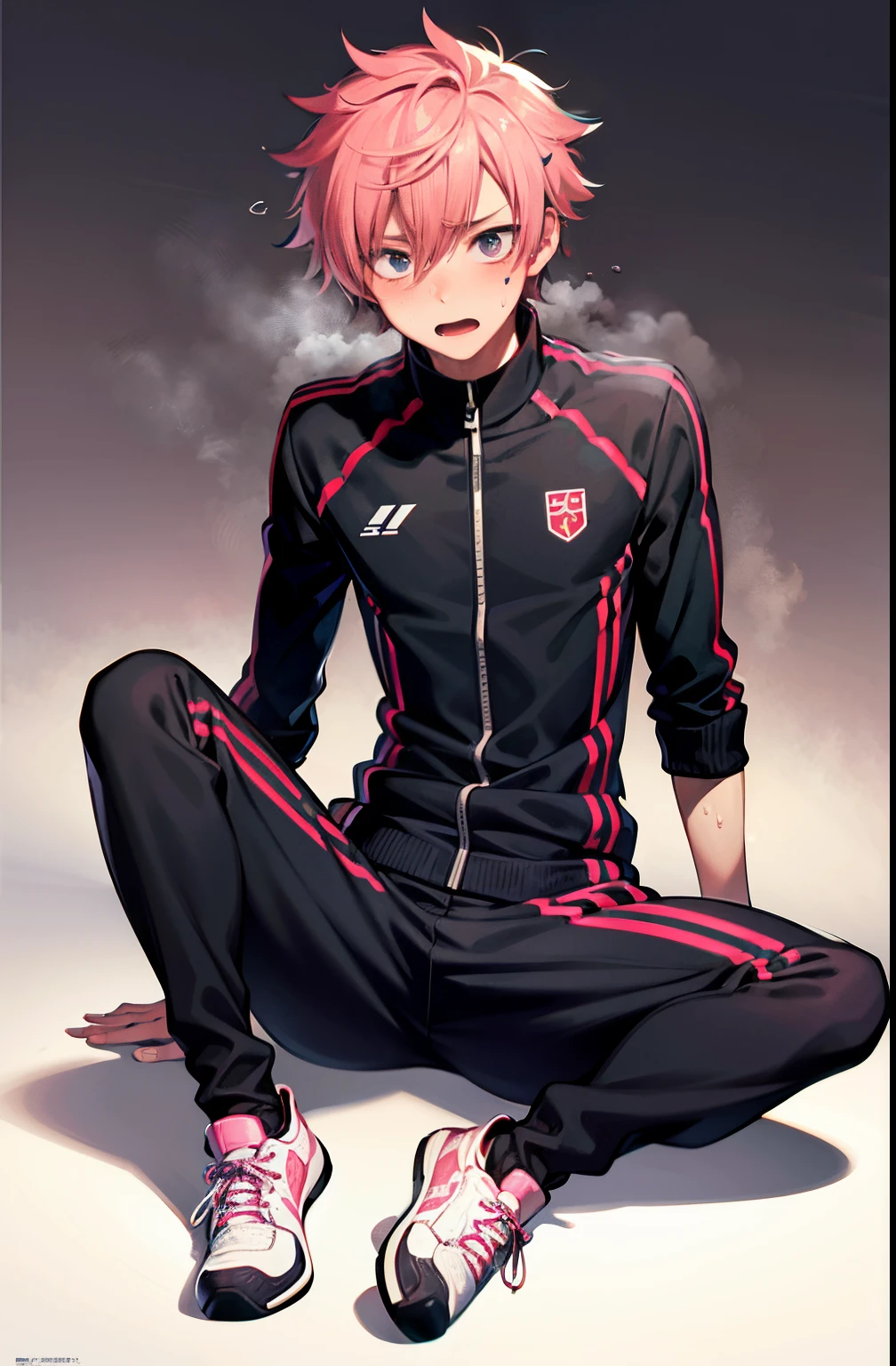 masterpiece, best quality, high quality, 1boy, male focus, full body, looking at viewer, pink hair,spiky hairstyle, short hair, steam smork, japan style, anime coloring, shy, home muji style, detailed face, topless, track pants, shy, blushing, sweating, wet, embarrassed, dramatic lighting, perfect eyes