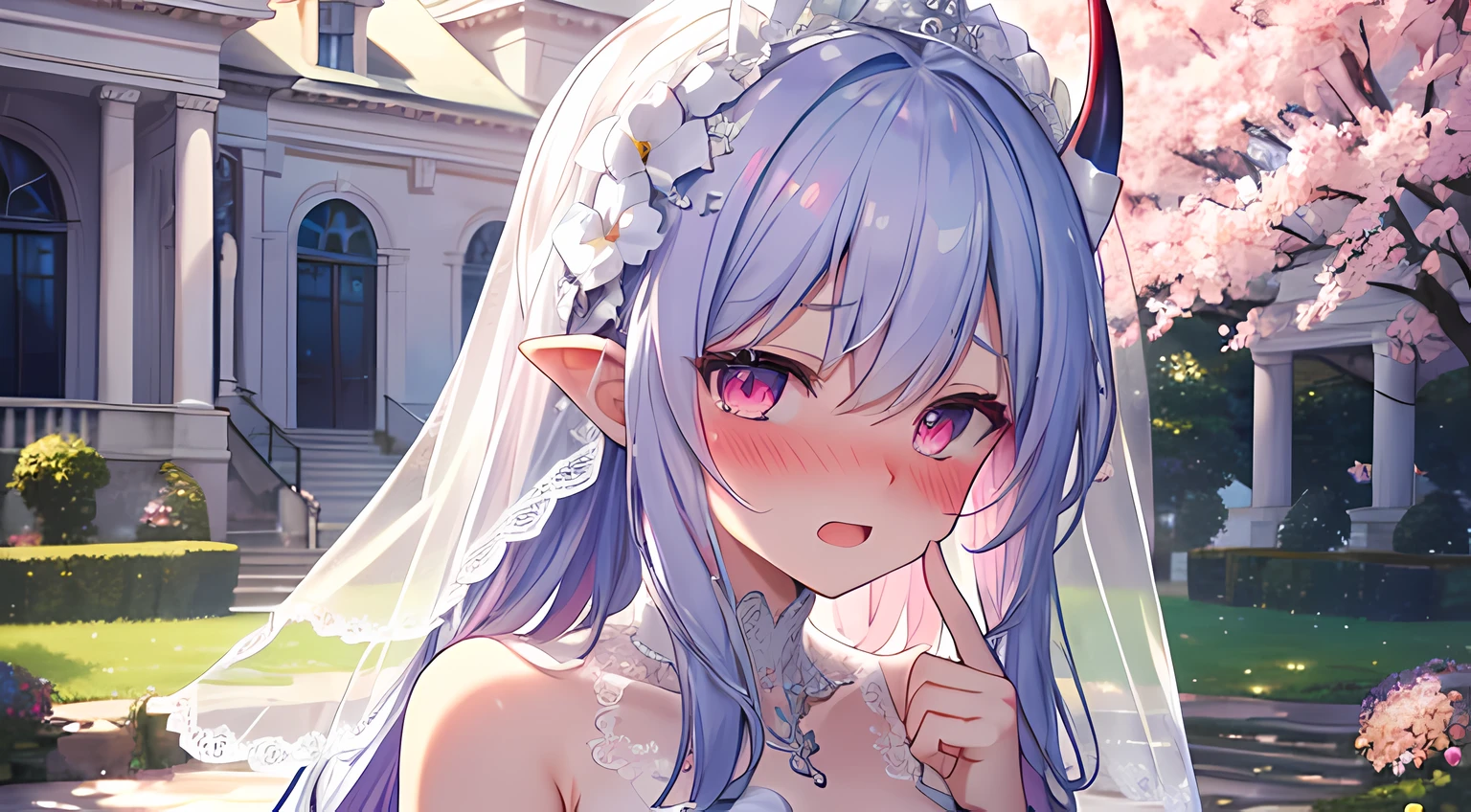 masterpieces, 8k, ultra HD, prim, white wedding dress, demon girl, (navy hair color), white veil, elegant pose standing in garden full of flower, hand, demon girl, demon horn, glare, (blushing: 1.5), open mouth, licking finger, heart eyes, daytime, sun lighting