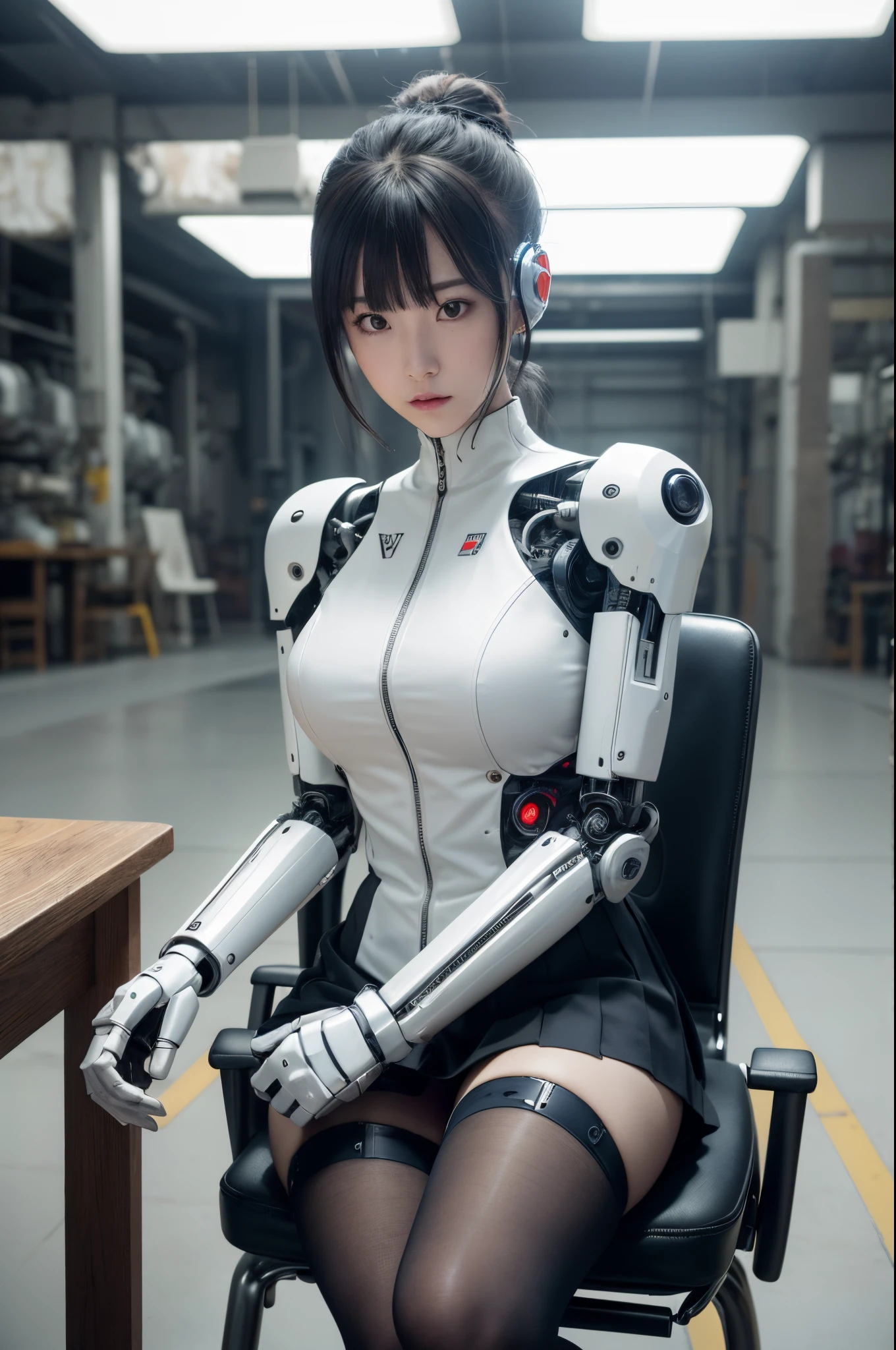 masutepiece, Best Quality, Extremely detailed, (Photorealistic:1.4),(Raw photo) (8K, 4K, Best Quality, hight resolution, 超A high resolution:1.1), (masutepiece, Realistic, Photorealsitic:1.1), 1girl in, Japaese Cyborg Girl,Plump ,Navy Pleated Mini Skirt,Black tights,control panels,android,Droid,Mechanical Hand, ,clothes with a sense of mechanical technology, Robot arms and legs, Black Robot Parts,Black hair,Mechanical body,Blunt bangs,White abdomen,White Robotics Parts,tube dress,perfect robot woman,The laboratory of the future,cyberpunked,Charging spot,android factory,Robot Factory,cyborg factory,Long Tube,A thick cable connects her neck,ceramic body ,complete eyes,Striking eyes,Mechanical body, head antenna,lod antenna on the head,mechanical ear covers,android,robot humanoid,sit the chair