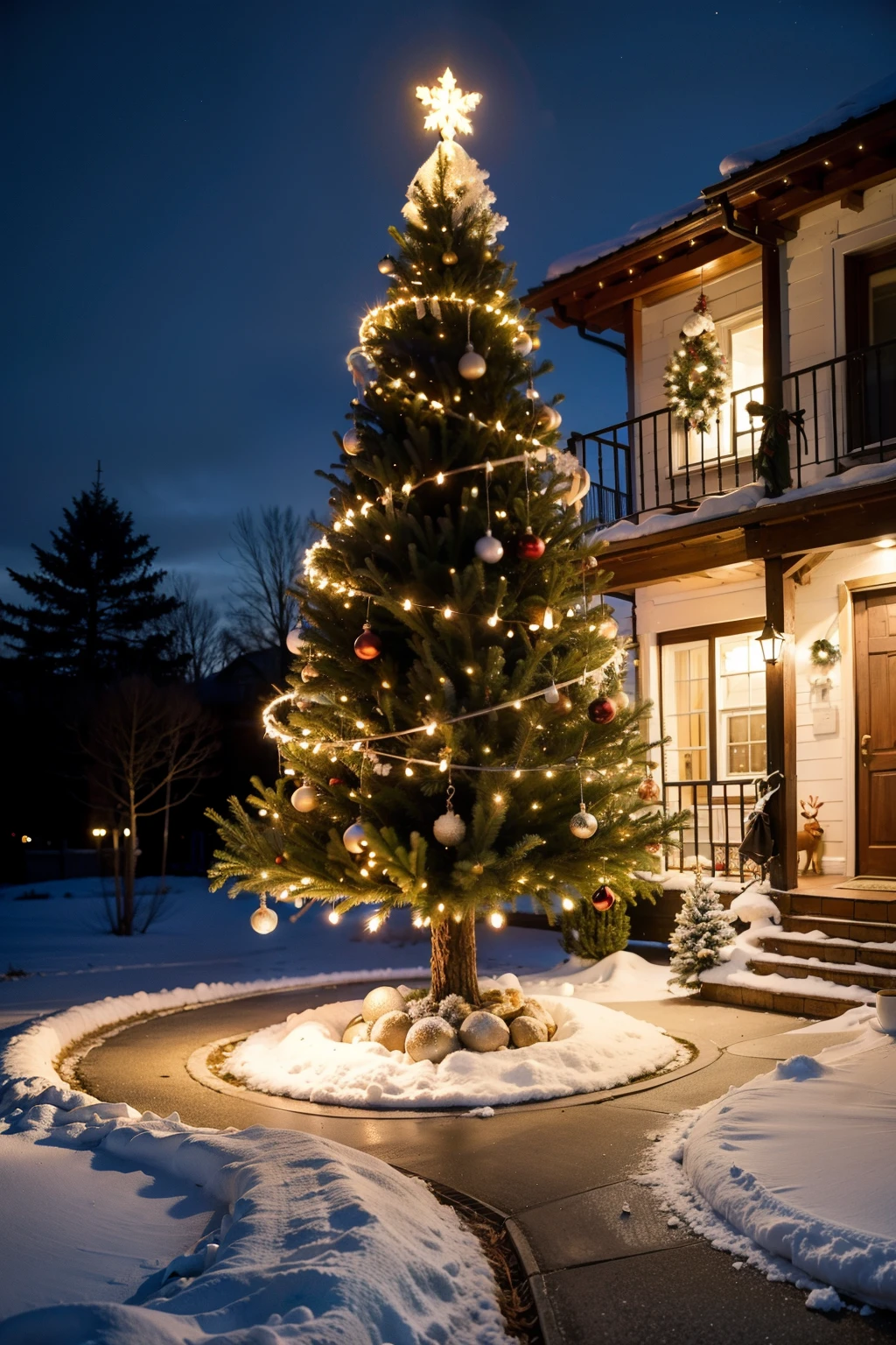 Christmas Eve house with lights on and cozy Christmas tree with snowflakes