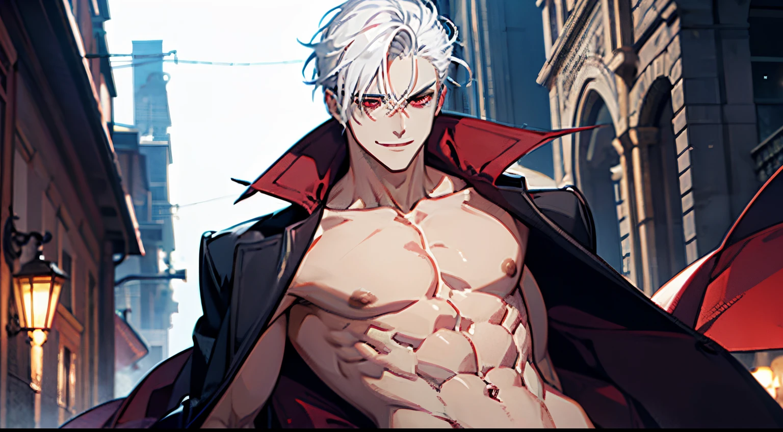 1boy, sexy, smile, vampire, abs, dominant, white hair, shirtless, night, red eyes