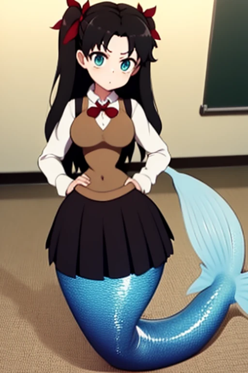rintohsaka, rin tohsaka, aqua eyes, (black hair:1.5), hair ribbon, long hair, ribbon, sidelocks, two side up, (parted bangs:1.5),
BREAK (brown sweater vest:1.2), collared shirt, homurahara academy school uniform, neck ribbon, red ribbon, ribbon, school uniform, shirt, sweater vest, white shirt,
BREAK indoors, classroom,
BREAK looking at viewer, cowboy shot, (full body:1.5),
BREAK (masterpiece:1.2), best quality, high resolution, unity 8k wallpaper, (illustration:0.8), (beautiful detailed eyes:1.6), extremely detailed face, perfect lighting, extremely detailed CG, (perfect hands, perfect ???????), (mermaid:1.6), (massive hips:1.6), (microwaist:1.6)