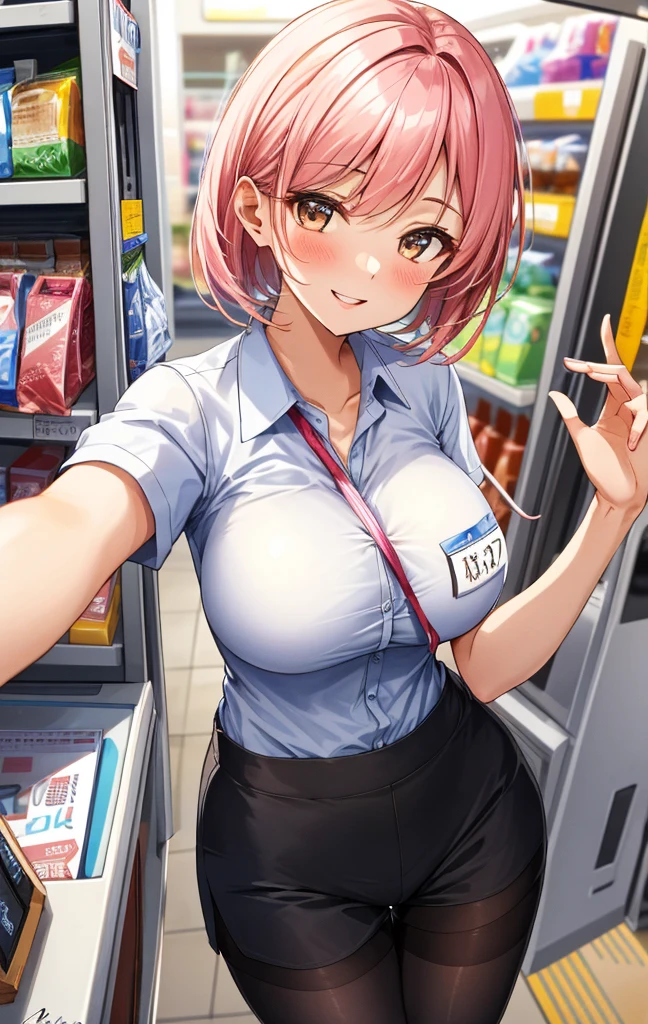 //Character 1girl,cheerful sales checkout clerk , perfect body, medium large breast, slim curve, ultra detailed face, super beautiful, innocent, cute girl, thin eyeblow, rond face, smiling full of compassion, half opened mouth, kissing face,beautiful short bobstyle, BREAK //Fashion uniform of a convenience store Attire, pale pink striped collar shirt with signature of the shop , loose shorts, name tag dark toned full length tights, ultra detail, complicated pattern on the tights BREAK at the convenience store , at noon , gentle light, Break Registering the product at the cash register