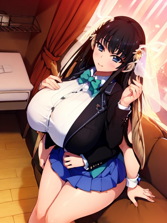 best quality,masterpiece, high res,original, beautiful detailed eyes,ultra-detailed, 1girl, isurugi yuki, school uniform, solo, skirt, jacket, bow, smile, looking at viewer, black jacket, straight hair, blazer, bowtie, long sleeves, curtains, window, classroom, shirt, pleated skirt, indoors, white shirt, very long hair, dutch angle, blue skirt, collared shirt, blush, (moth:1.6), (giant breasts:1.6),