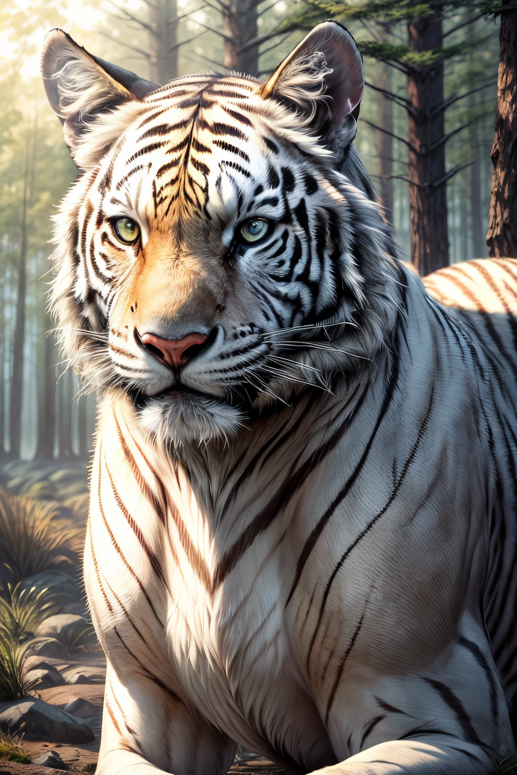 (best quality,4k,8k,highres,masterpiece:1.2),ultra-detailed,(realistic,photorealistic,photo-realistic:1.37),white tiger,beautiful detailed fur,mesmerizing eyes,powerful presence,graceful movements,ferocious expression,majestic creature,blending in its natural habitat,striking contrast against a lush green forest,sunlight filtering through the trees,contrasting shadows and highlights,subtle play of light and shadow on its fur,fine details of its stripes,glistening texture of its coat,emitting an aura of strength and confidence,shimmering reflections in its eyes,imposing and regal posture,dynamic energy captured in motion,a moment frozen in time,showcasing the magnificent beauty of wildlife,impressive depth and dimensionality,predator in perfect focus,strong and defined facial features,expressive eyes filled with intensity,immersive and captivating presence,realistic rendering of its strength and power,surreal colors illuminating the scene,subtle hints of golden and amber hues,gradual transition from darkness to light,sublime atmospheric effects,profound peacefulness in its gaze,stunning clarity and sharpness,revealing the intricate details of every strand of fur,creating a sense of wonder and admiration