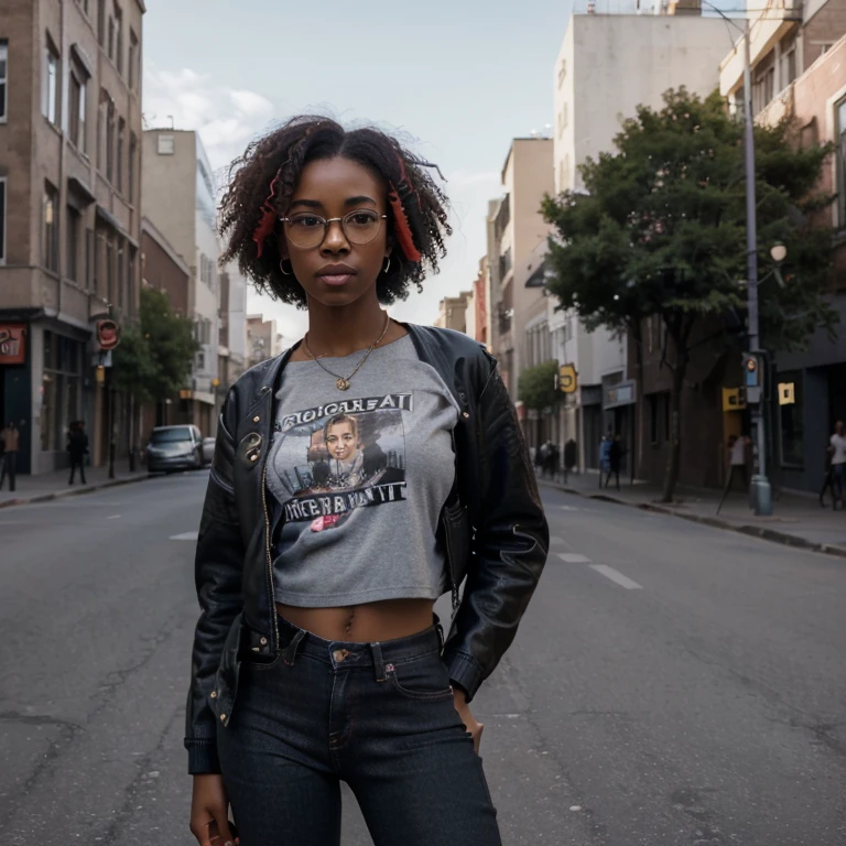 (best quality, highres, realistic:1.37), photograph, portrait,sexy young afro girl, 18 years old, thin and petite, Big Full Black Power Hair, black leather jacket,socialist red shirt,jeans, beautiful, round glasses, social activist, cityscape background, vibrant colors, natural lighting, urban style, confident expression, striking pose, busy streets, lively atmosphere