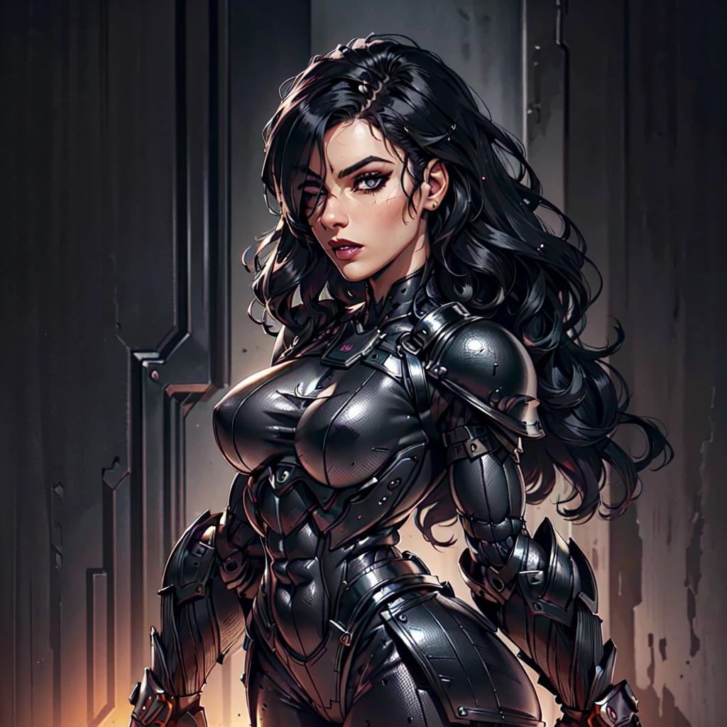 (Petaj, woman), dynamic pose, ((full body)), ((Black matte armor, )), (masterpiece, best quality), (detailed skin:1.3, detailed face:1.3), dslr,, (((hair over one eye))), (big hair1.2)), black hair), Grey Eyes, Mascara, Eyeliner, High resolution, Ultra-pointu, 16k, Masterpiece, from side,