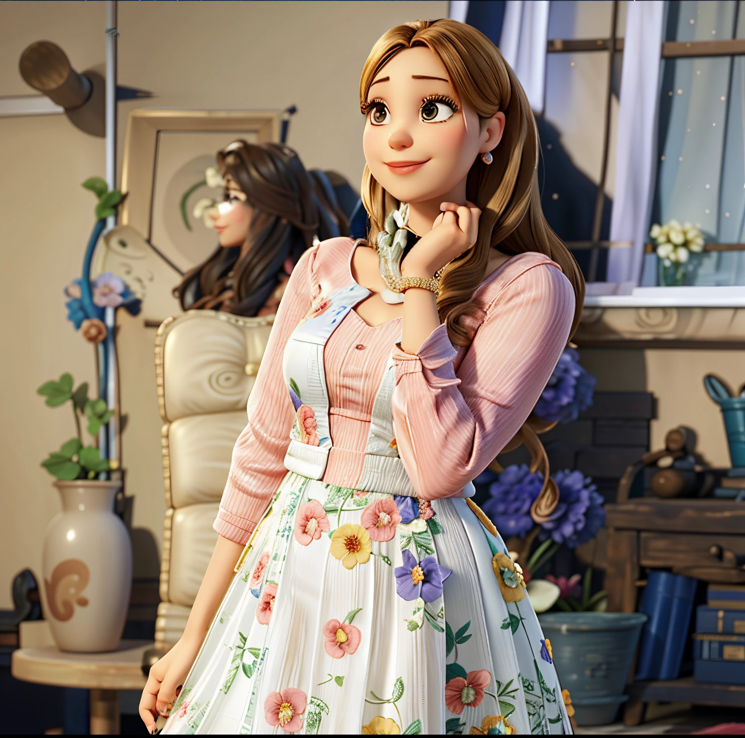there is a woman standing in a room with a dress on, wearing a long flowery dress, inspired by Nazmi Ziya Güran, casual pose, stylish pose, wearing beautiful clothes, inspired by Fathi Hassan, gorgeous lady, cute woman, profile pic, profile photo, beutifull, with a cool pose, photoshoot, looking cute, stunning beautiful