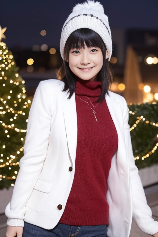 (Best Quality,masuter piece:1.2)Perfect and ultimate idol,Artist Photos,perfect detailed,Cute anime girl,with round face,Perfect and beautiful face,(Realistic,Photorealistic,Live action:1.2),a cool,angry,small tits,Detailed face,1girl in,Solo,Night background,Beautiful girl in casual clothes,Wearing a white coat,Winding muffler,knit hat,Upper face,The background is downtown,Right eyes,correct body,outdoors at night,stand in front of the christmas tree,Look up,illuminations,nighttime scene,leaning back to wall,Fiddling with your phone