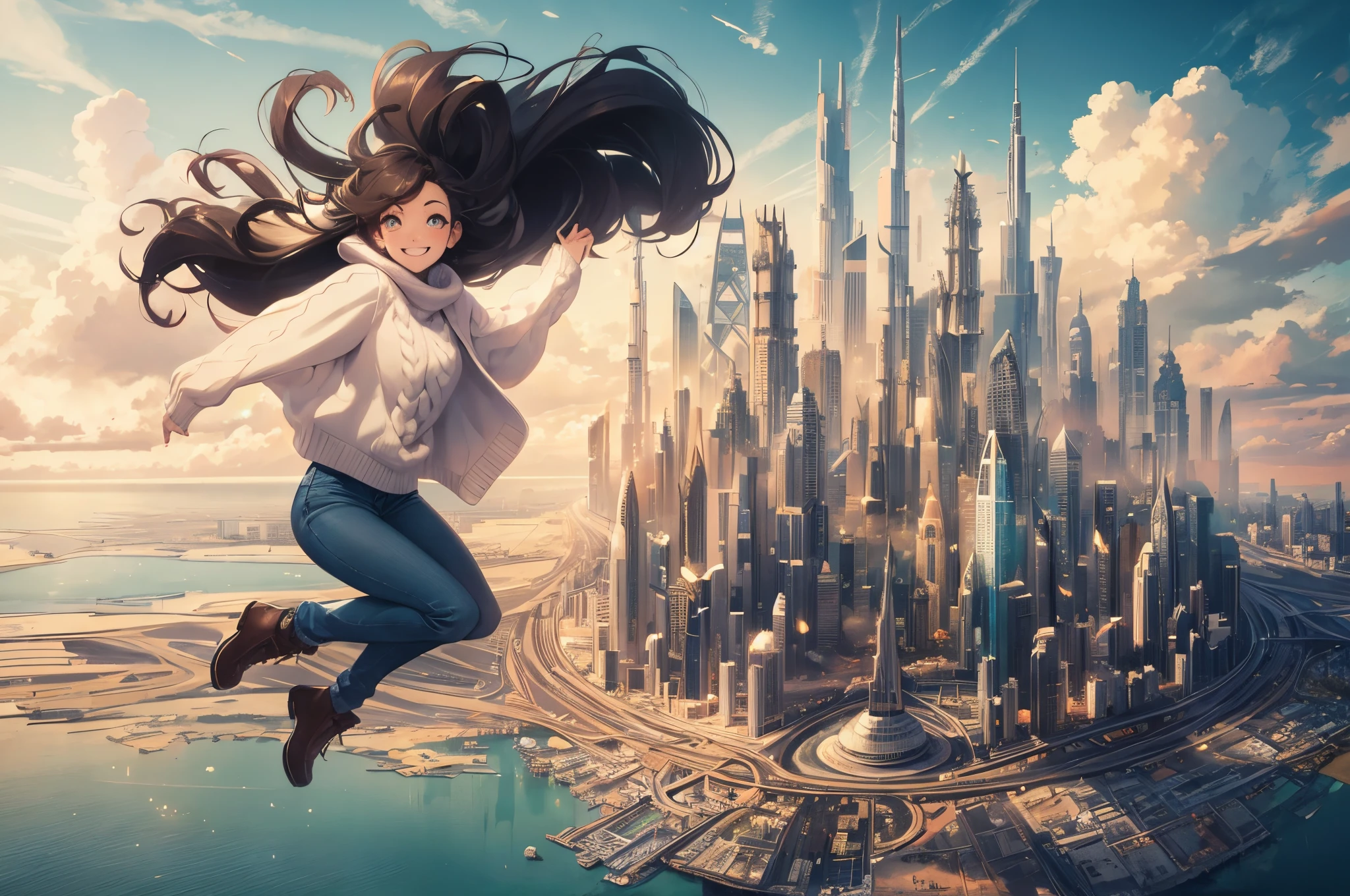 portrait of 1girl, smile, jump, windy, dark hair with the flow, colorful sweater, jeans, BREAK the world's tallest buildings in same location