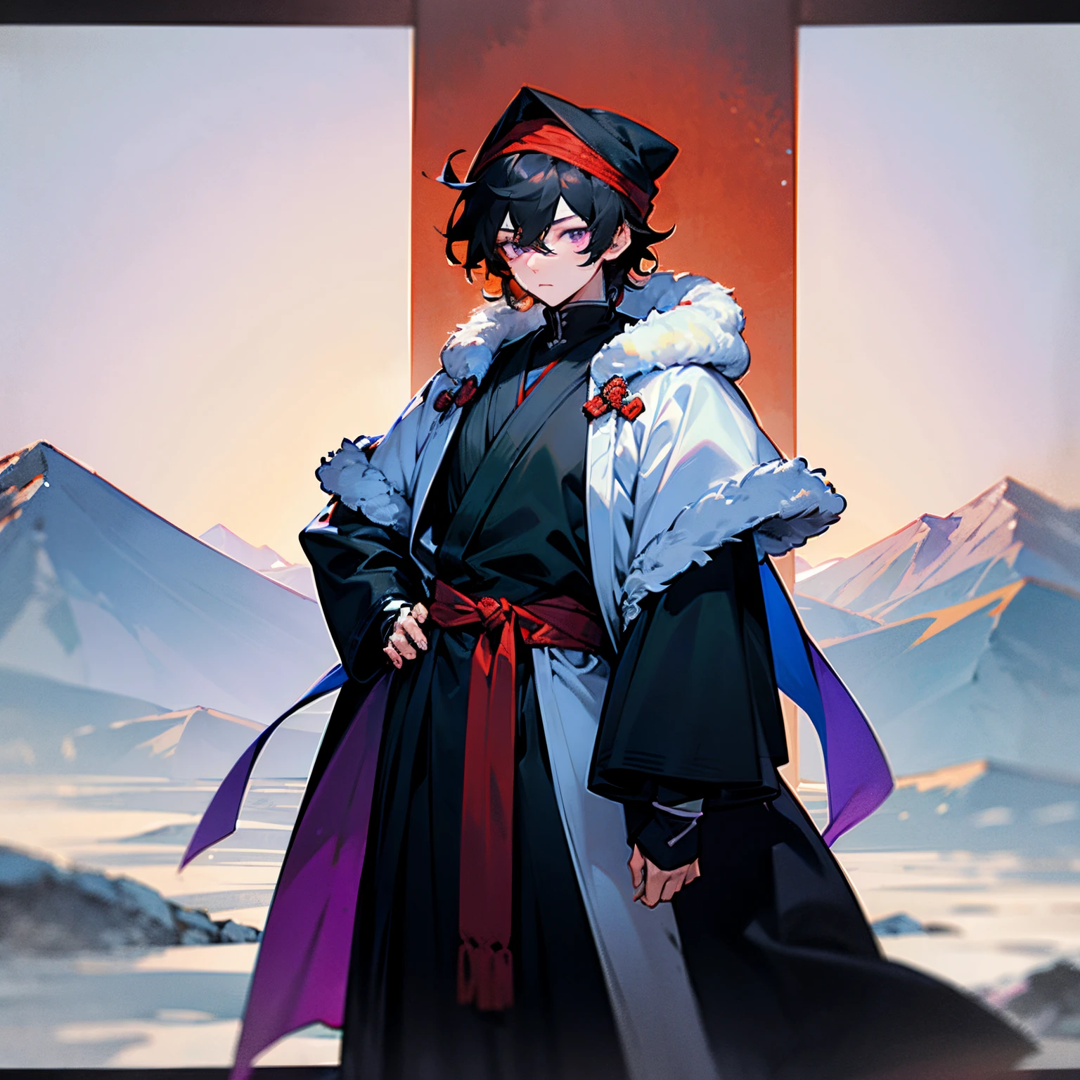 1male , black hair , purple eyes , messy hair , Black Clothing Underneath ,Form Fitting Sleeves, White Fur Trim Over Shoulder Cloak,Layered Clothing, white turban on head, ninja clothing , young boy, Mountain Background , standing on mountain , Masterpiece Quality , Perfect Quality ,