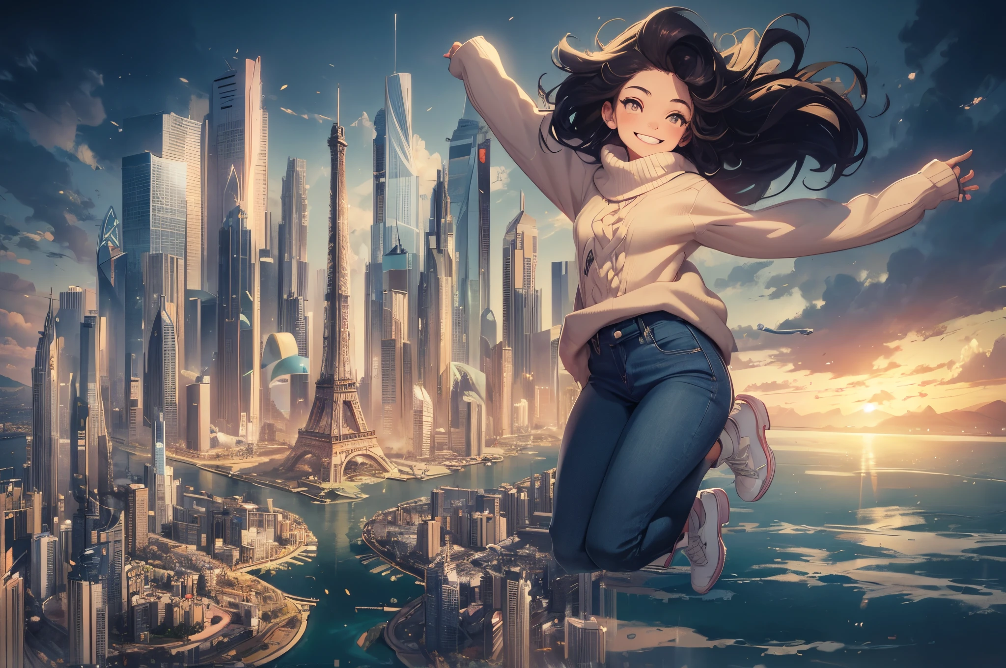 portrait of 1girl, smile, jump, windy, dark hair with the flow, colorful sweater, jeans, BREAK the world's tallest buildings in same location