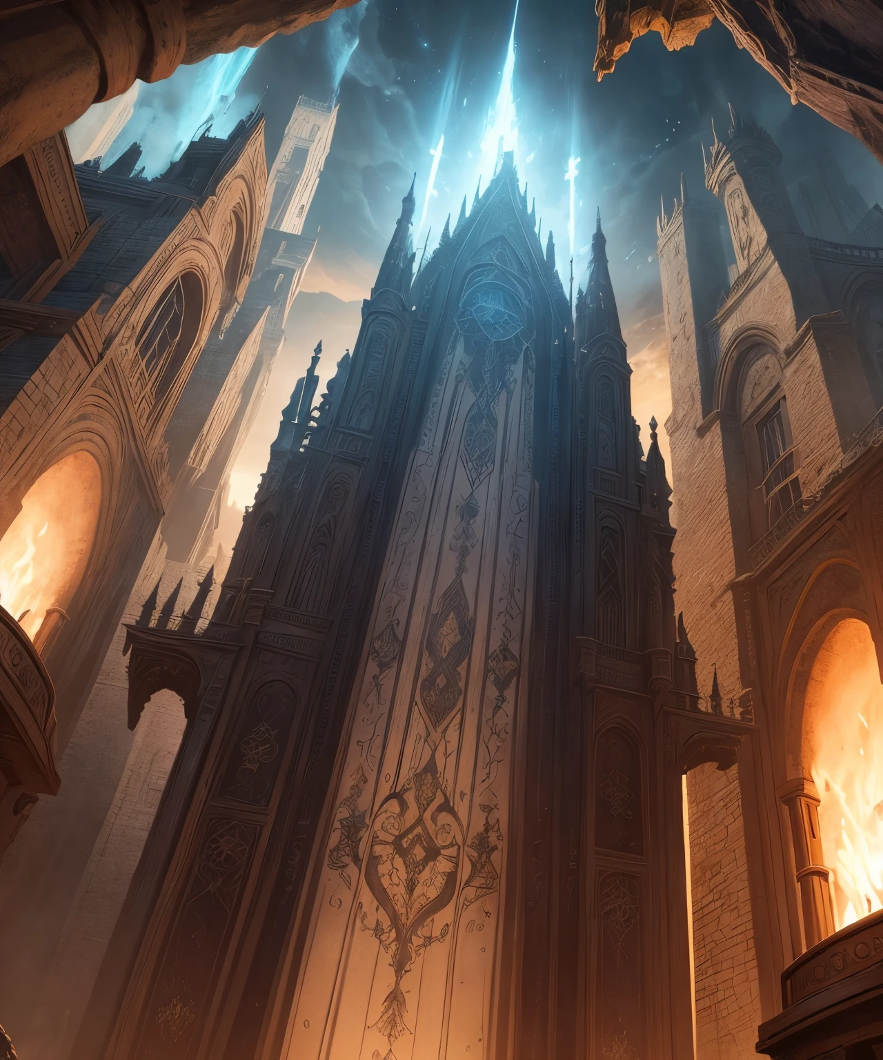 fantasy art, RPG art, photograph, RAW, (Ultra detailed: 1.5), Best Detailed,  picture of temple of magic worship, an epic fantasy  building  intensive art work, live like statues, stained glass art, Renaissance art work with, elements of fire, lightning and earth decorating the building, masterpiece, best quality, (extremely detailed), ultra wide shot, photorealism, depth of field, hyper realistic, 2.5 rendering
