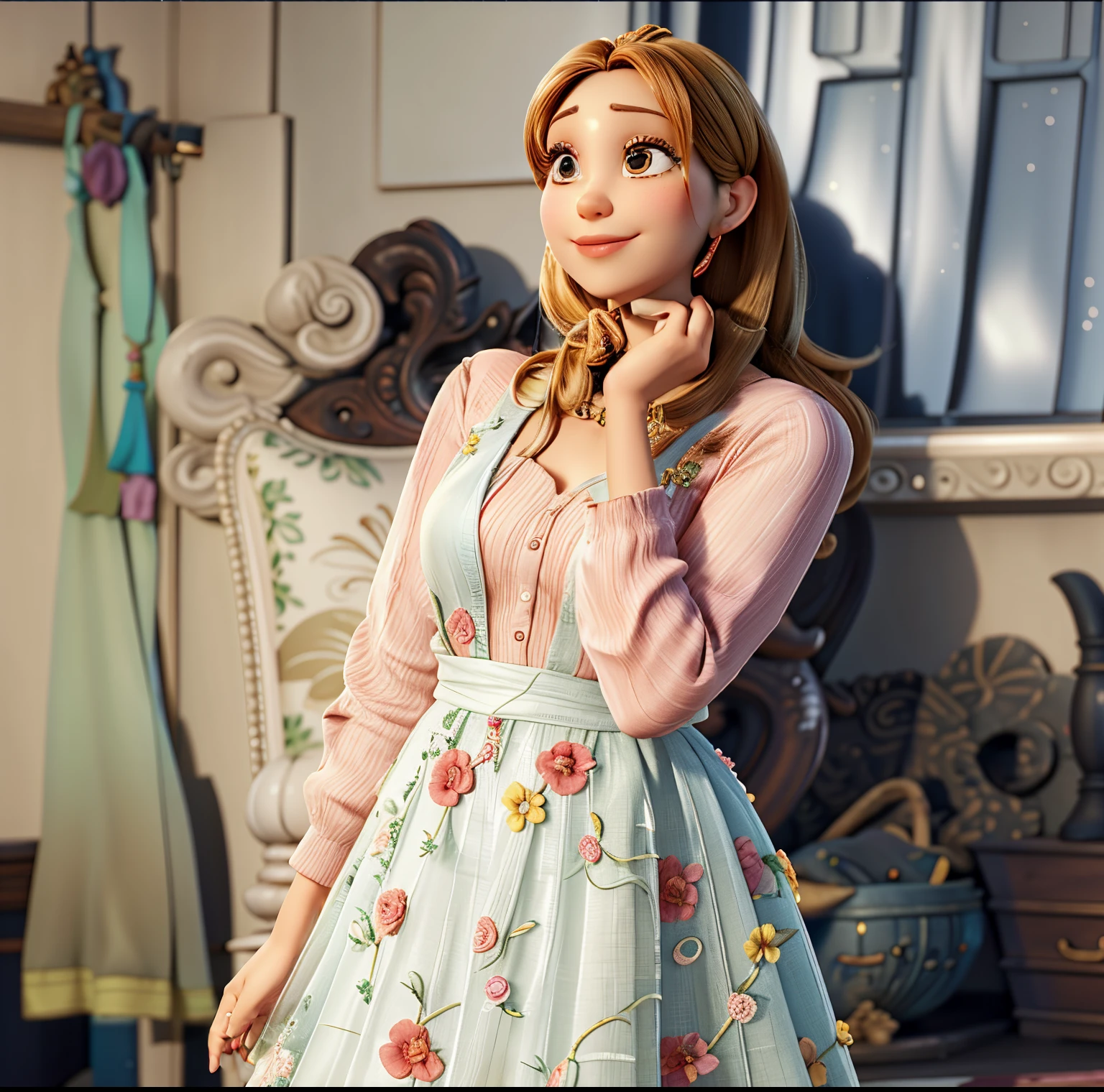 there is a woman standing in a room with a dress on, wearing a long flowery dress, inspired by Nazmi Ziya Güran, casual pose, stylish pose, wearing beautiful clothes, inspired by Fathi Hassan, gorgeous lady, cute woman, profile pic, profile photo, beutifull, with a cool pose, photoshoot, looking cute, stunning beautiful