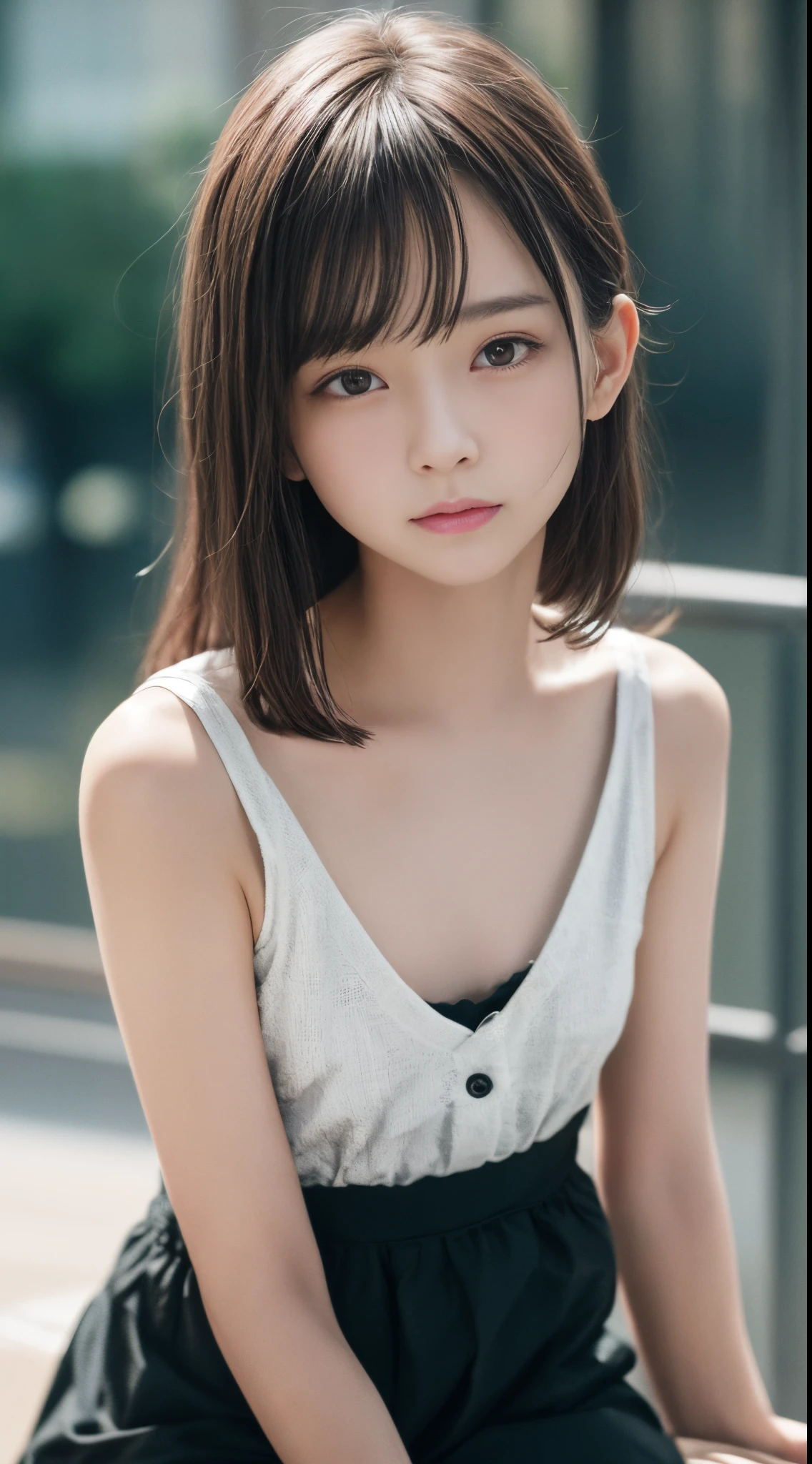 masterpiece, best quality, 8k, 85mm, raw photo, absurdres, award winning portrait, solo, violaceaess, gardeniass, delicate girl, upper body, idol face, night, neon, DSLR, looking at viewer, natural, candid, sophisticated, youthful, professional lighting, film grain, chromatic aberration, (bokeh:1.1)