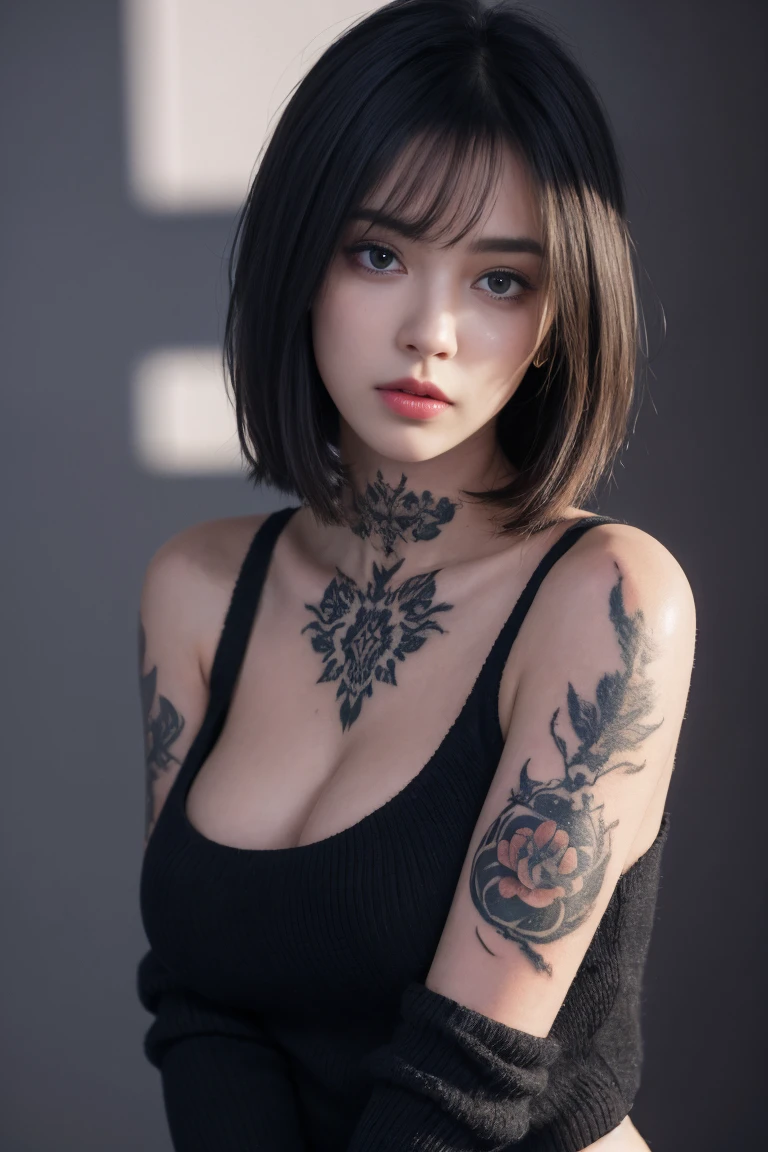 ultra high res,masterpiece,best quality, perfect glossy shiny skins, perfect lighting, detailed lighting, dramatic shadows, ray tracing, 1girl, black sweater, looking at viewer, off shoulder, Big breasts, Exposed cleavage, blue Eyes, sharp face, sharp eyes, long bangs, short cut hair, nsfw, ((Dark background)), (( tattoos on the arms)) ,(( Tattoo on the chest)),