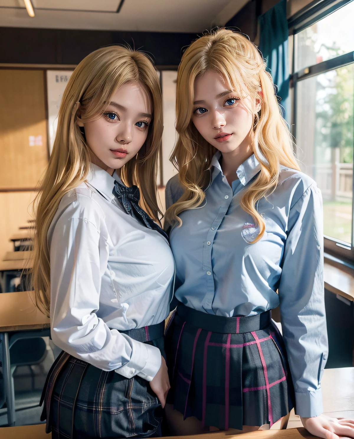 2girl, (twins), (Blue eyes), (Smile), (Sana Minatozaki), wide hips, Big Boobs, big ass, round butt, (Best Quality, 8k, Masterpiece: 1.3), perfect hands, Clear Focus: 1.2, Perfect Body Beauty: 1.4 , Slender Abs: 1.2, Highly detailed face and skin texture, detailed eyes, double eyelids, (blonde long hair), (dress shirt :1.2), (plaid skirt :1.3), ((japanese school uniform)), (next to her twin sister :1.4), in a Japanese classroom