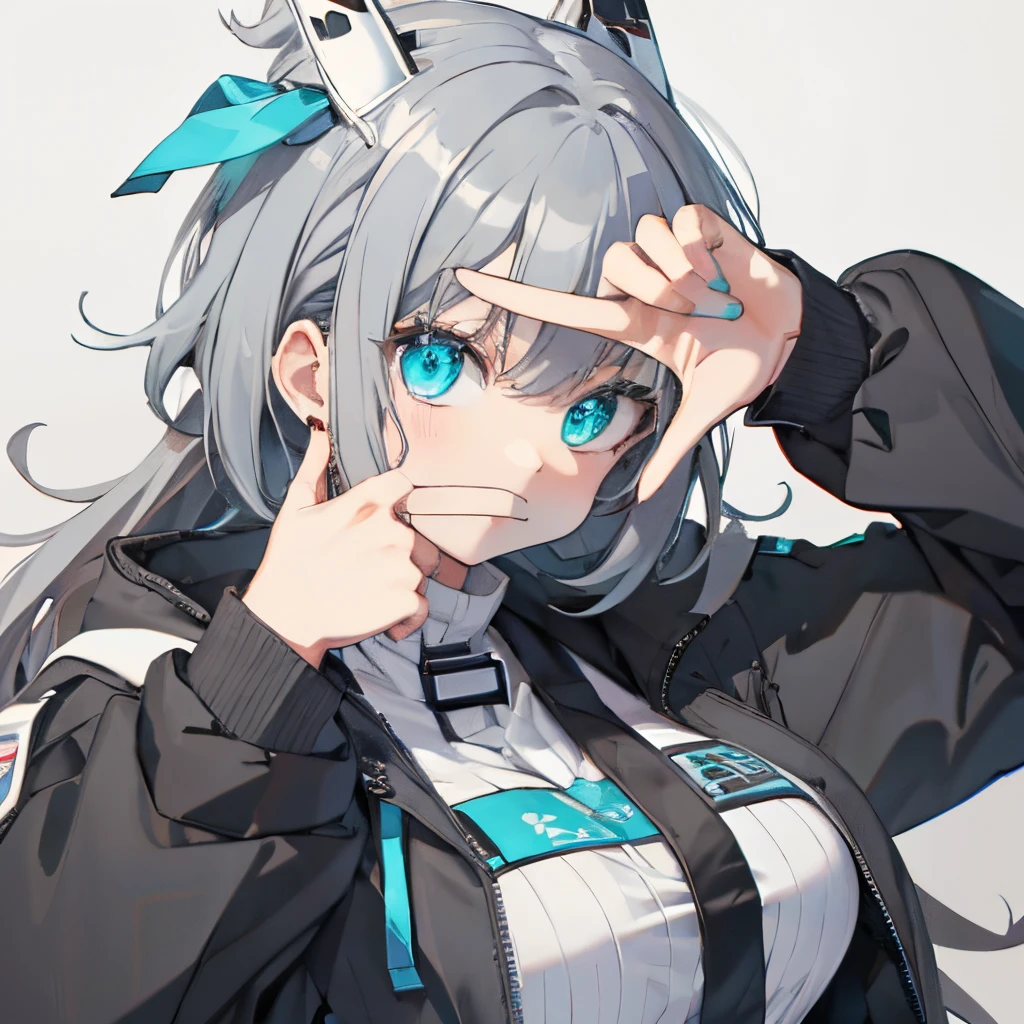 (masutepiece:1.2, Best Quality), 1 girl in, Turquoise eyes, jet-black hair, Jacket,(Gray white background:1.7),Finger Frame,full body,big breast,