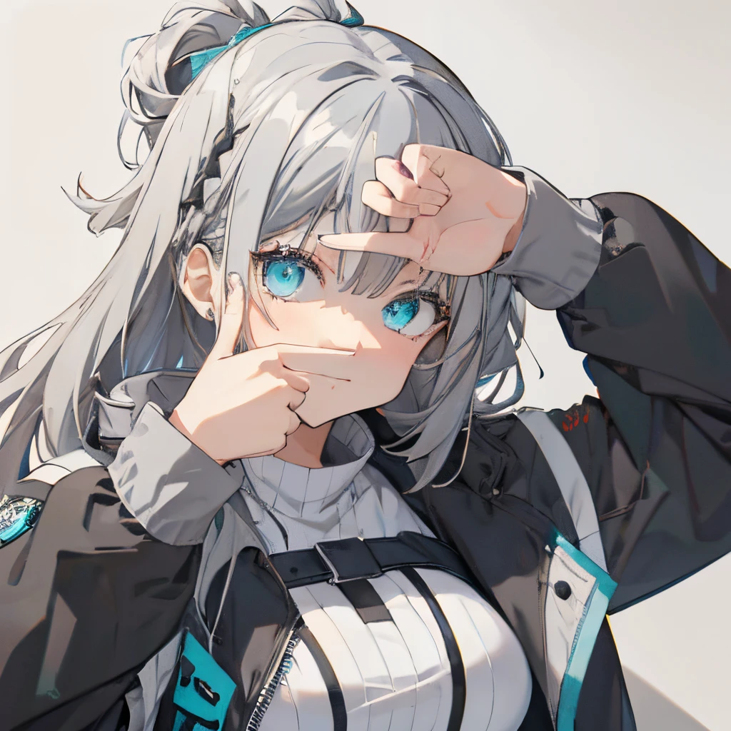 (masutepiece:1.2, Best Quality), 1 girl in, Turquoise eyes, jet-black hair, Jacket,(Gray white background:1.7),Finger Frame,full body,big breast,