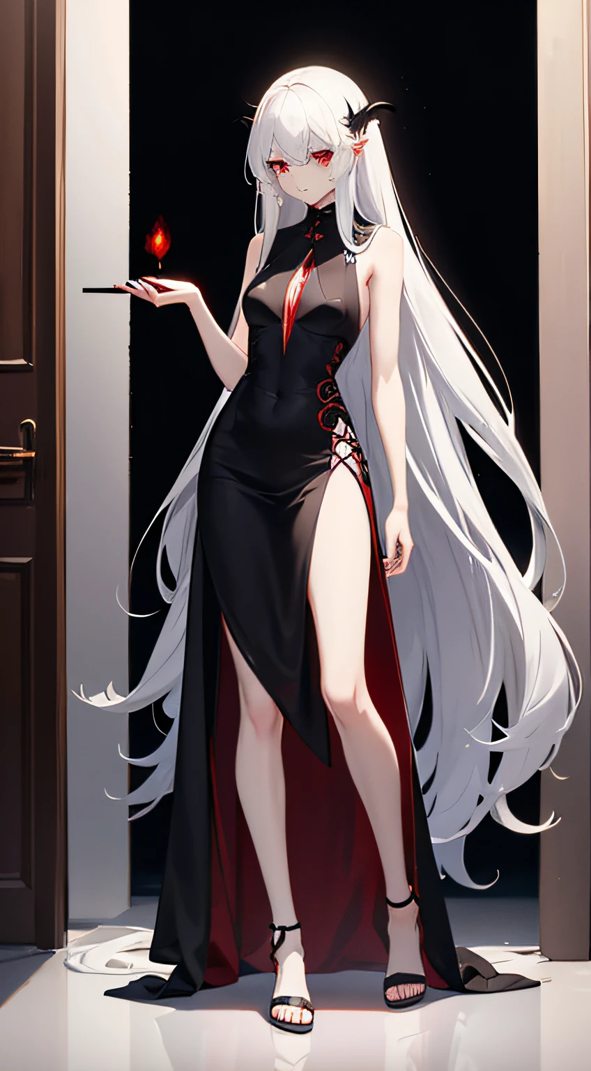tall girl standing, long white hair, red eyes, vampire, bare legs, black dress, sleeveless, facing camera, full body, long dress
