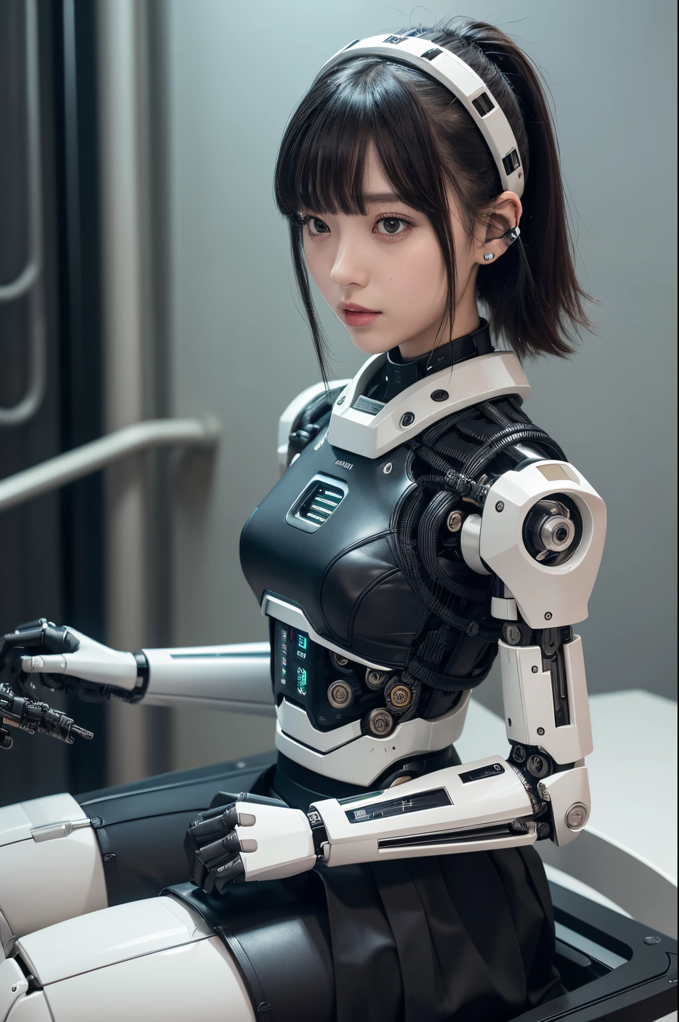 masutepiece, Best Quality, Extremely detailed, (Photorealistic:1.4),(Raw photo) (8K, 4K, Best Quality, hight resolution, 超A high resolution:1.1), (masutepiece, Realistic, Photorealsitic:1.1), 1girl in, Japaese Cyborg Girl,Plump ,Navy Pleated Mini Skirt,Black tights,control panels,android,Droid,Mechanical Hand, ,clothes with a sense of mechanical technology, Robot arms and legs, Black Robot Parts,Black hair,Mechanical body,Blunt bangs,White abdomen,White Robotics Parts,tube dress,perfect robot woman,The laboratory of the future,cyberpunked,Charging spot,android factory,Robot Factory,cyborg factory,Long Tube,A thick cable connects her neck,ceramic body ,complete eyes,Striking eyes,Mechanical body, head antenna,lod antenna on the head,mechanical ear covers,android,robot humanoid,sit the chair