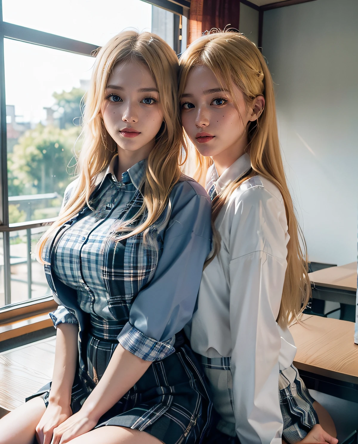 (masterpiece:1.2, Highest quality), (Realistic, photoRealistic:1.4), Beautiful illustrations, (Natural Side Lighting, Cinema Lighting), Browsing Caution,
View your viewers, Cowboy Shot, Front view:0.6, 1 Girl, Japanese, high school girl, Perfect Face, Cute and symmetrical face, Shiny skin,
(Long Hair:1.2, Half Up:1.4, Blonde), Blunt bangs, Golden Eyes, Droopy eyes, Long eyelashes, (Large Breasts:0.6),
Beautiful Hair, Beautiful Face, Beautiful attention to detail, Beautiful clavicle, Beautiful body, Beautiful breasts, Beautiful thighs, Beautiful feet, Beautiful fingers,
((White collared shirt, Grey pleated skirt, Black socks, Red plaid bow tie), Pink Panties),
(Beautiful views), morning, School rooftop, squat, (Cute smile, Upward glance),
((((Emphasize cleavage))))
