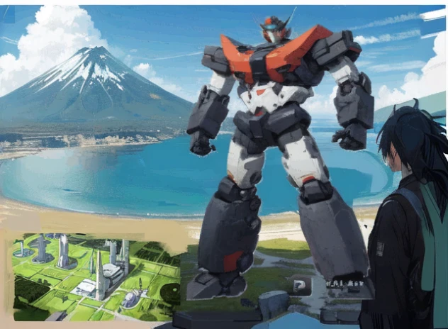 Kurogane's castle super robot towering in the sky
