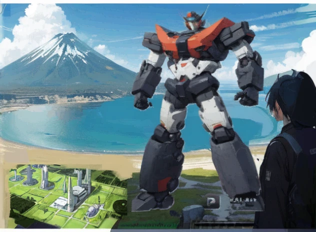 Kurogane's castle super robot towering in the sky