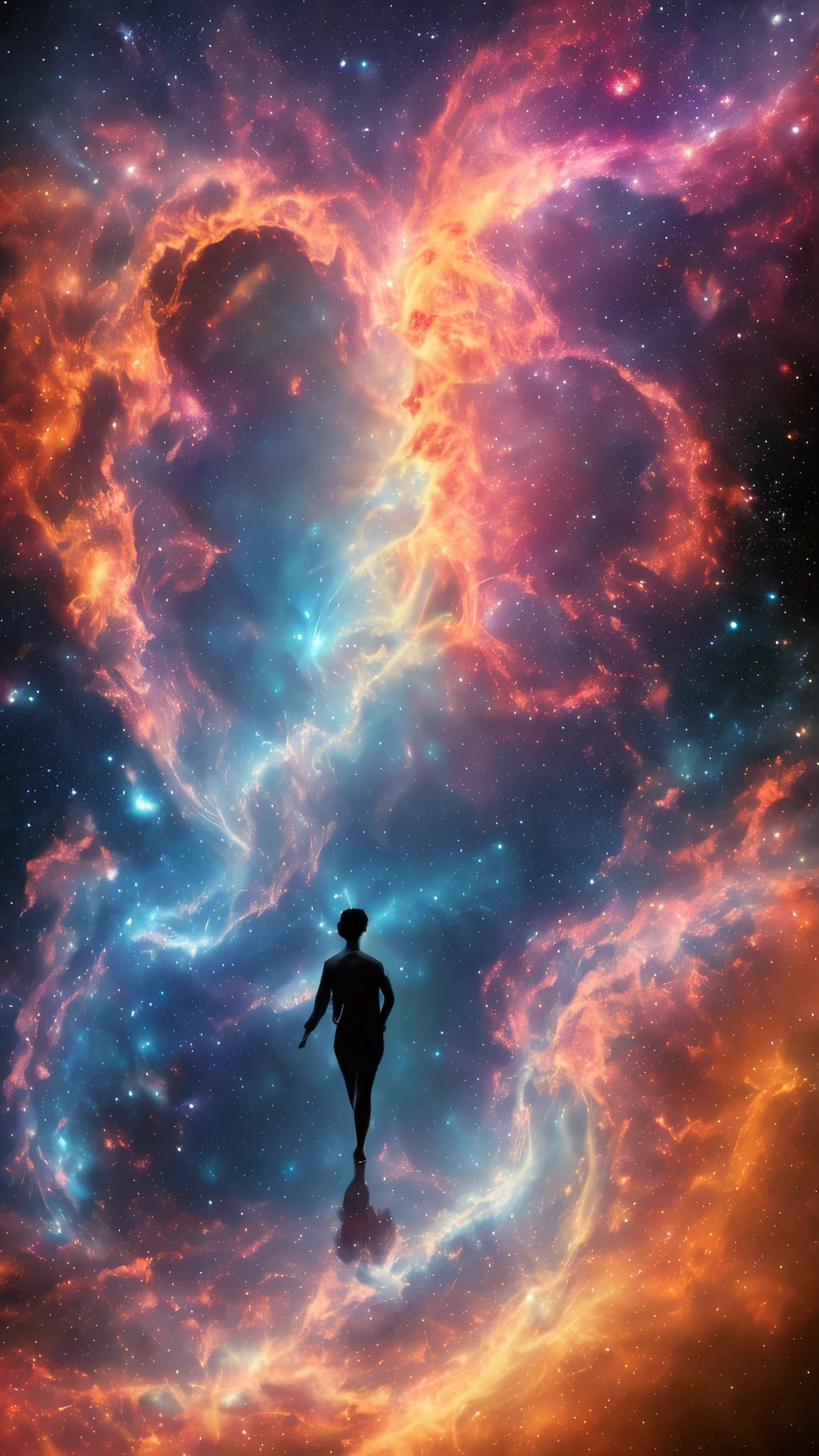 inconceivable and spectacular a scene of emergence of a figure from the glowing cloud, fractal nebula threads, cosmic entities, celestial, cosmic, vibrant and vivid, swirls, twirling, unrealistic, high contrast, symobolism, magical, mystical, mystifying, hyperrealistic, oversaturate, colorfully