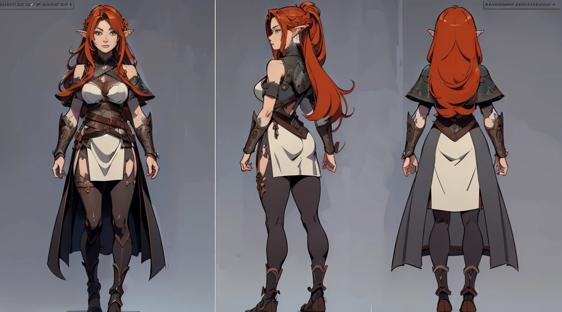 extremely detailed 8k wallpaper, Ultrarealistic, highres, masterpiece, ultra-detailed, high resolution, smooth, video game cut scene, close up, various angles, ung female elf warrior with a very detailed long hair, ((intricate hairstyle:1.3)), (((ginger hair))), pale skin, wearing ripped leather armor, damaged armor, a short sword is her weapon, detailed face, focus on face, video game cut scene, smooth, Insanely detailed, (Character Concept Art), (Grey Background:1.4), (Character Sheet:1.6), Character Sketch, Stylized Digital Arts, Bits of Color, Masterpiece, Hand Drawn Sketch, (Realistic Drawing:1.4), High Detail, (Mix of Bold Dark Lines and Loose Lines), Bold Lines, Writings, Arcane Symbols, Runes, Intricate Artwork, 8k, anime, award wining, masterpiece, super detail, detailed background, anatomically correct, best quality, 16k , (tmasterpiece:1.3), extremely Clear