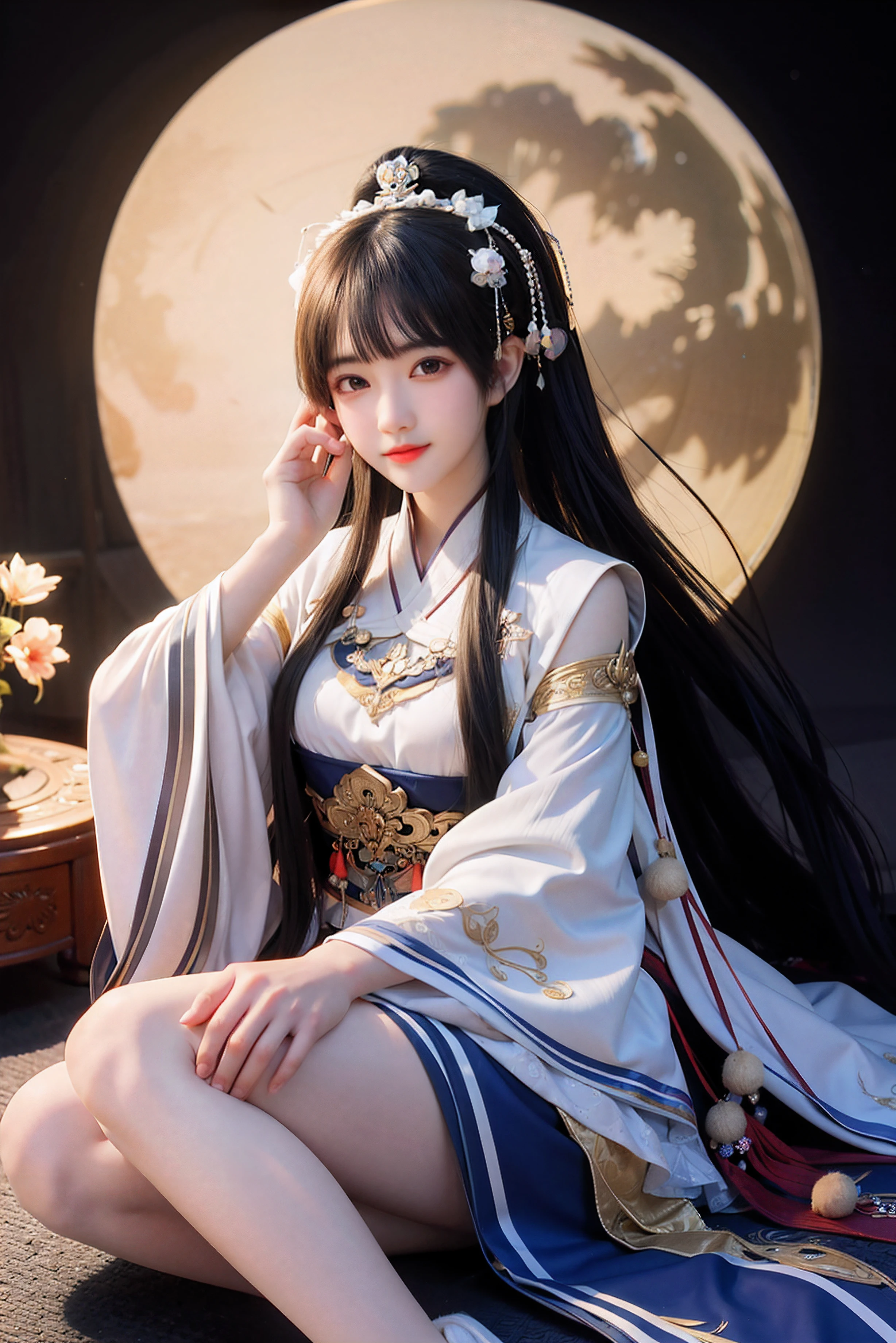 Background with：themoon，人物：Chang'e,styled： Chinese ancient style